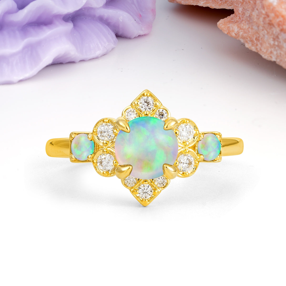 Unique Vintage-Luxury 4-Prong Round Cut Fire Opal Engagement Ring - Additional view