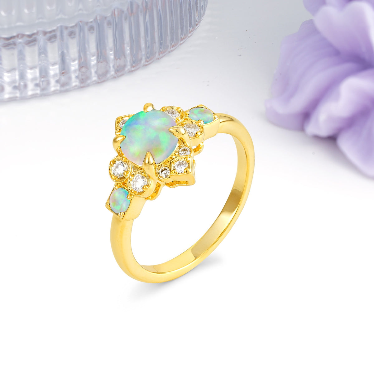 Unique Vintage-Luxury 4-Prong Round Cut Fire Opal Engagement Ring - Additional view