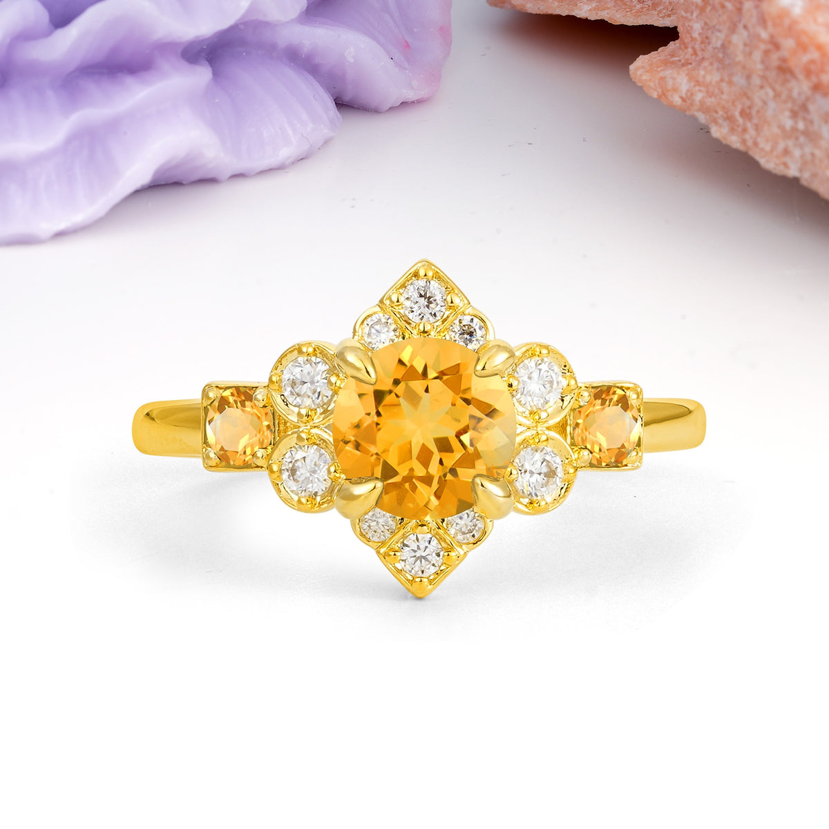 Unique Vintage-Luxury 4-Prong Round Cut Citrine Engagement Ring - Additional view