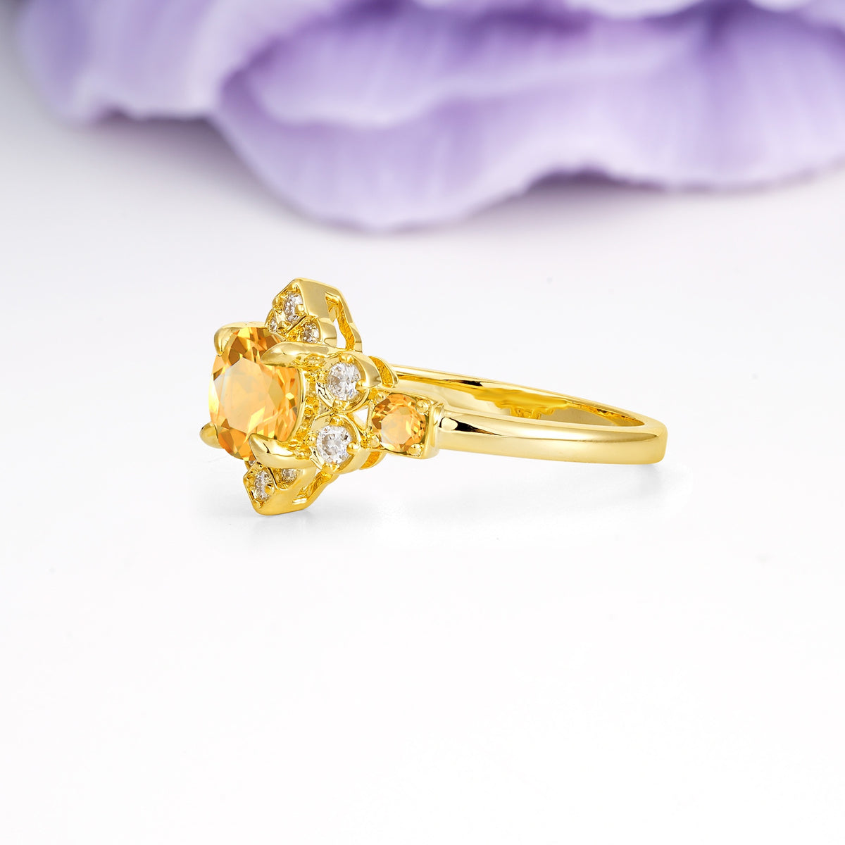 Unique Vintage-Luxury 4-Prong Round Cut Citrine Engagement Ring - Additional view