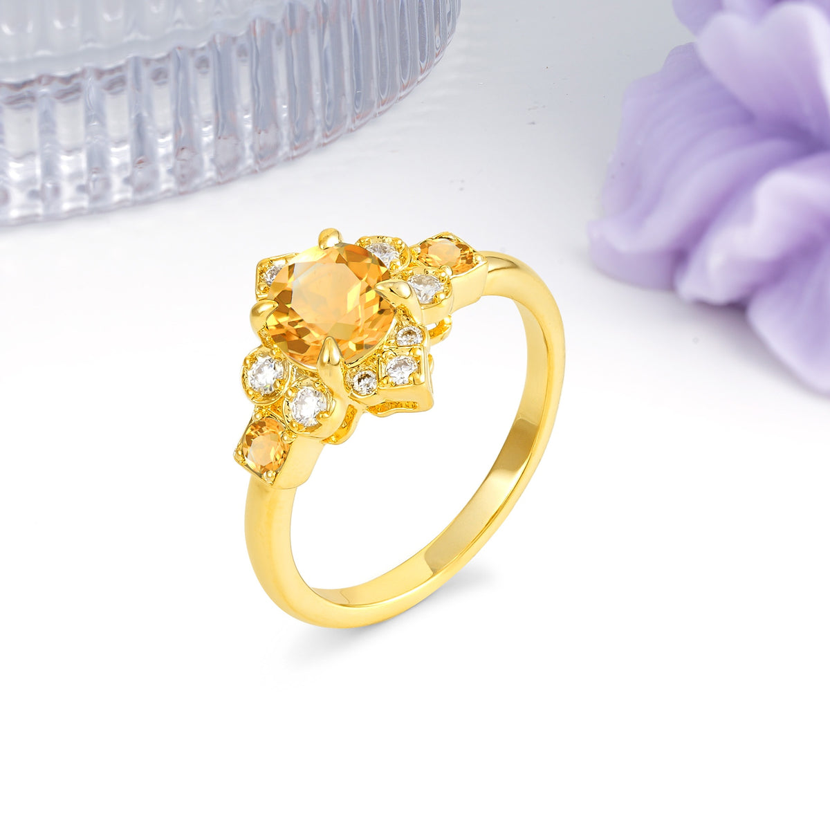 Unique Vintage-Luxury 4-Prong Round Cut Citrine Engagement Ring - Additional view