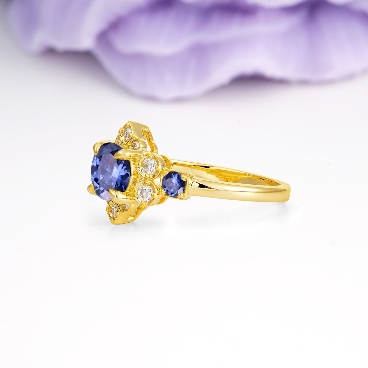 Unique Vintage-Luxury 4-Prong Round Cut Tanzanite Engagement Ring - Additional view