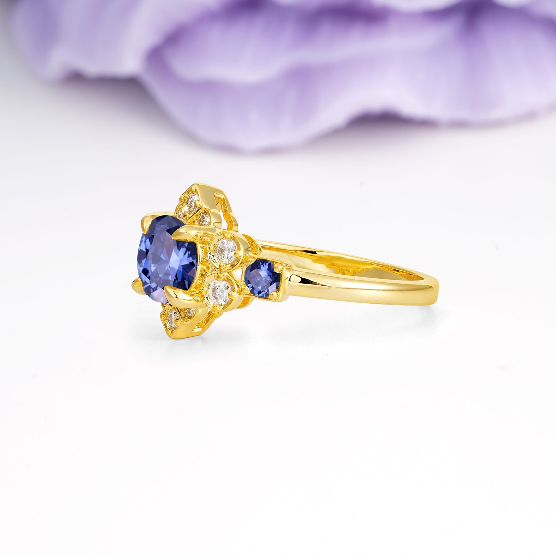 Unique Vintage-Luxury 4-Prong Round Cut Tanzanite Engagement Ring - Additional view