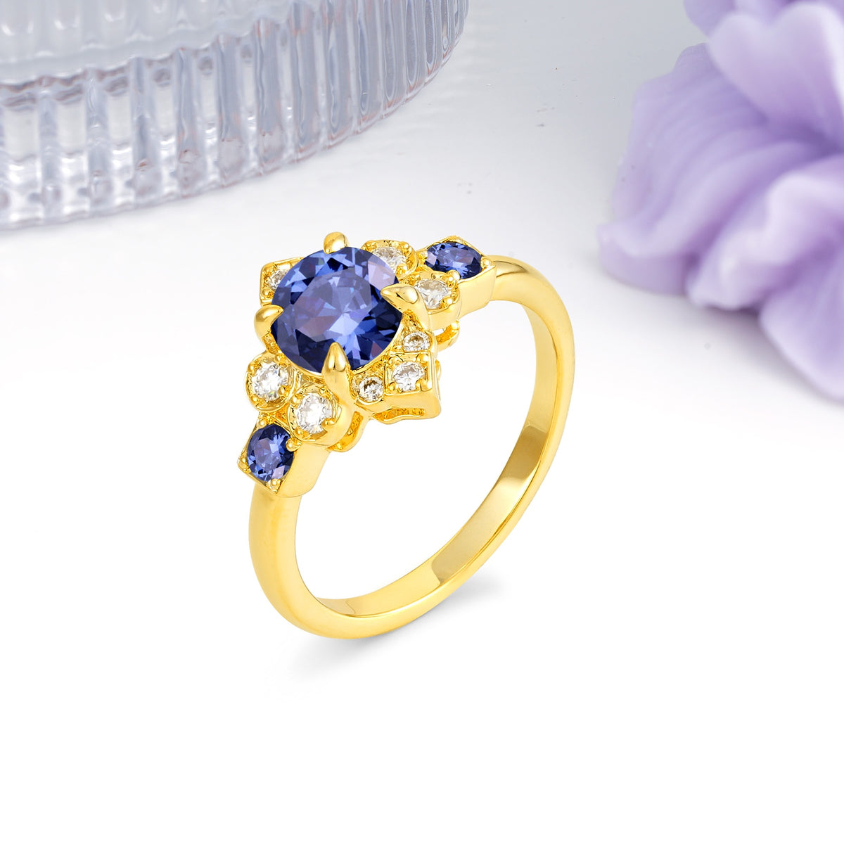 Unique Vintage-Luxury 4-Prong Round Cut Tanzanite Engagement Ring - Additional view