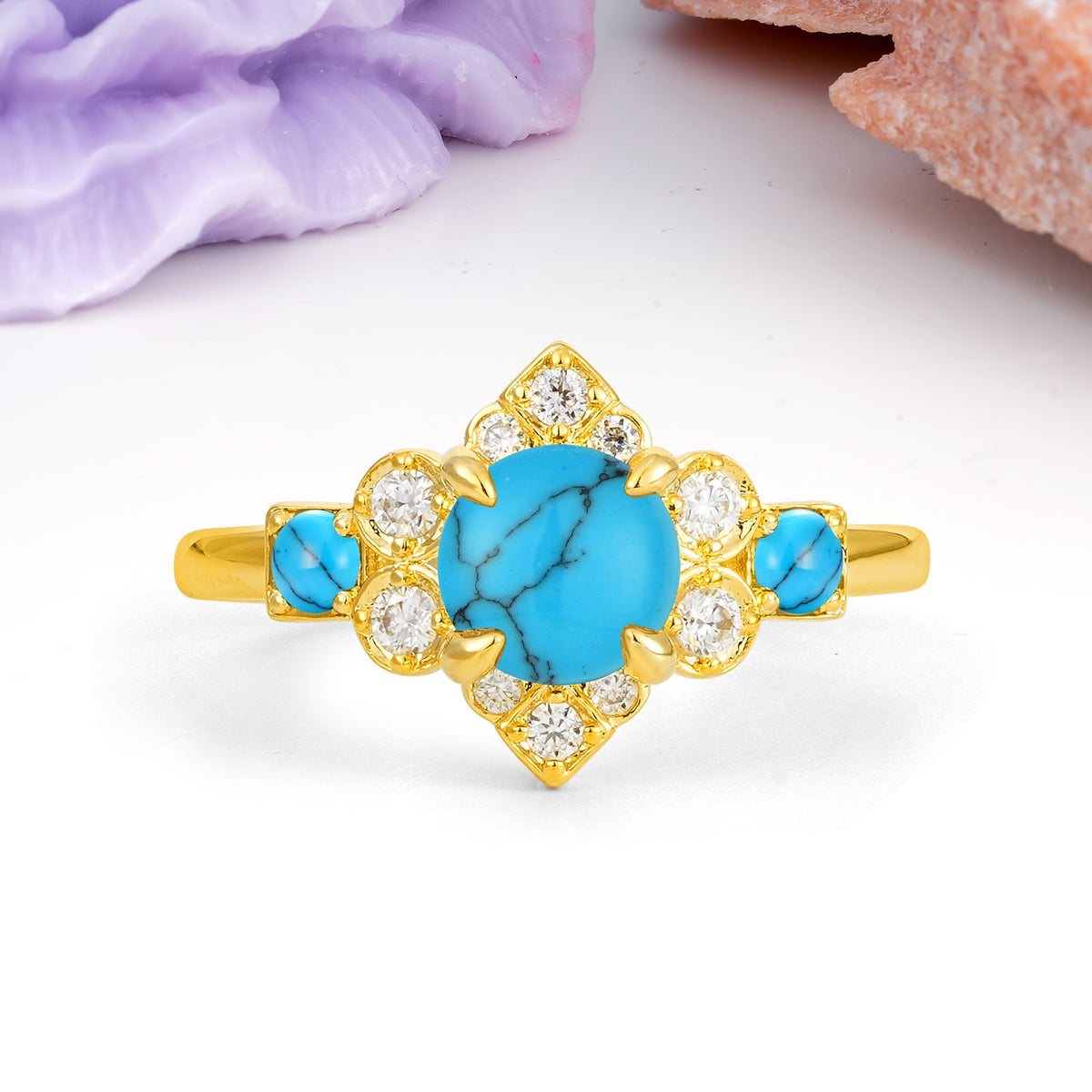 Unique Vintage-Luxury 4-Prong Round Cut Turquoise Engagement Ring - Additional view