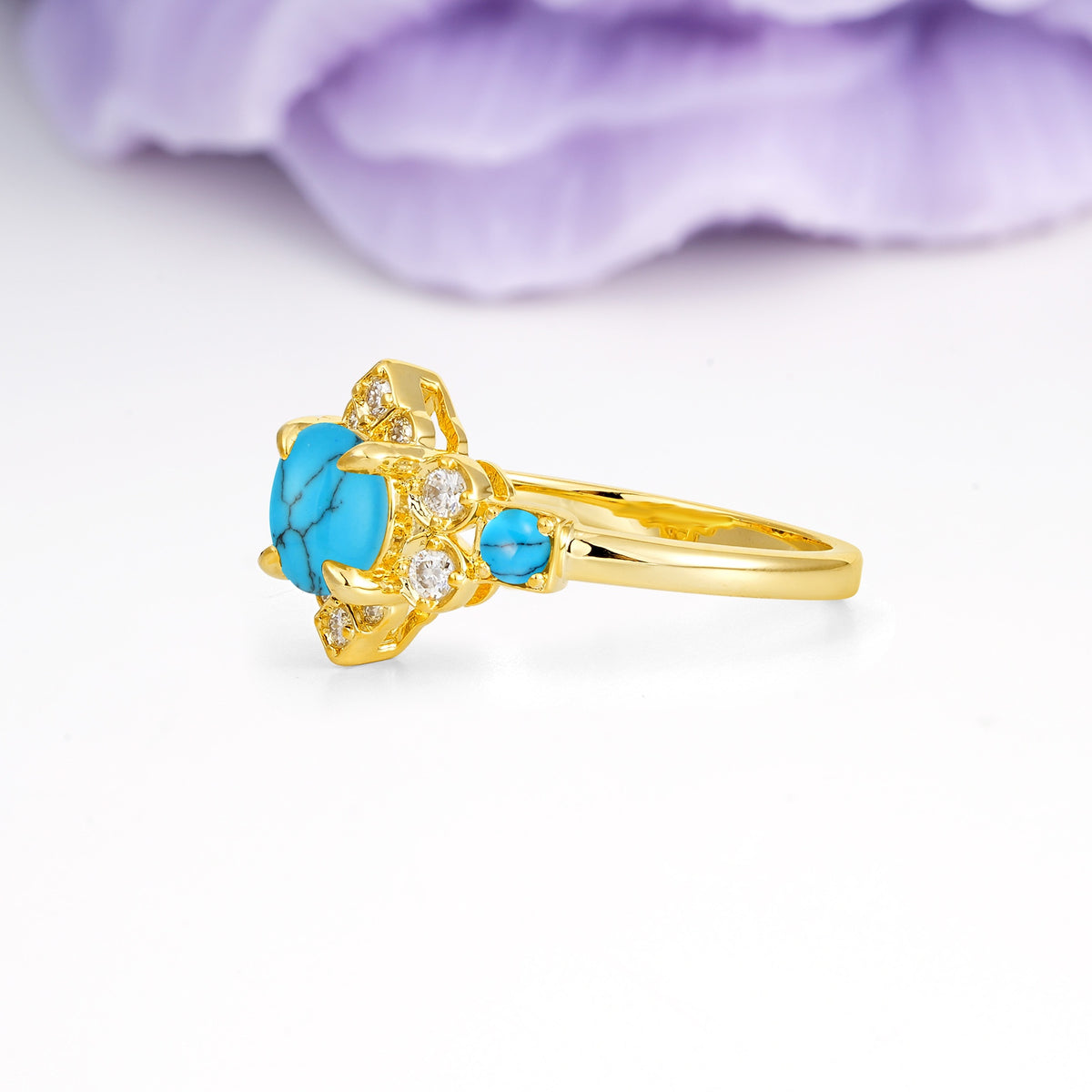 Unique Vintage-Luxury 4-Prong Round Cut Turquoise Engagement Ring - Additional view