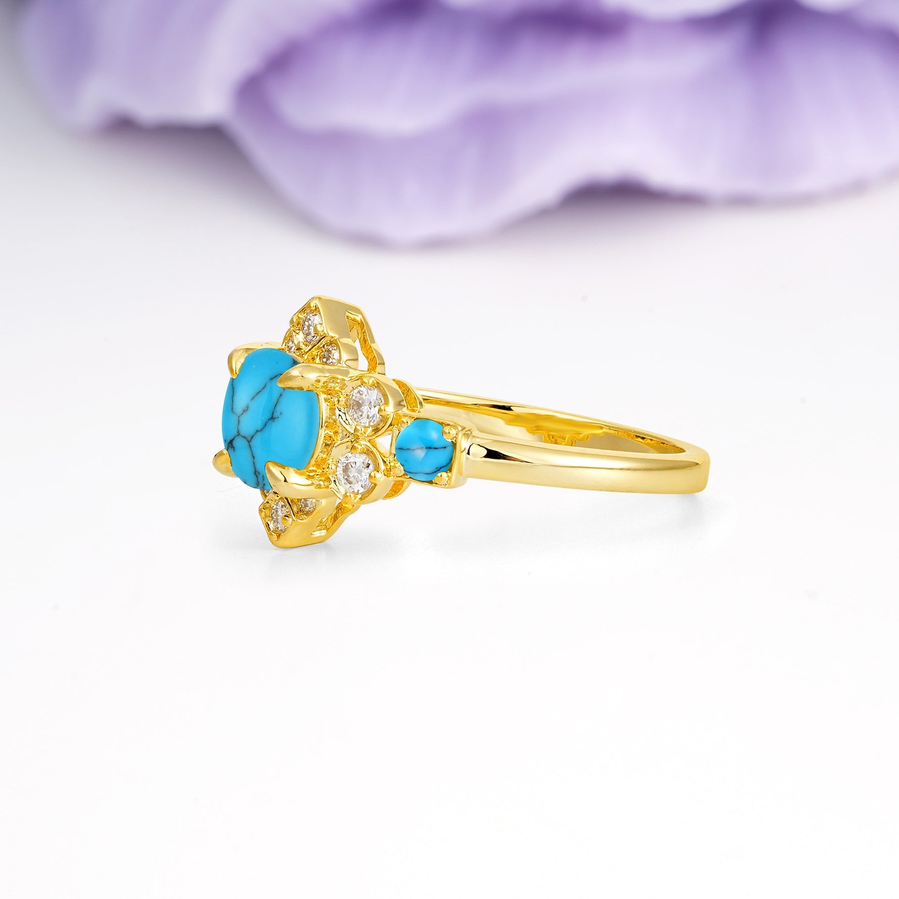 Unique Vintage-Luxury 4-Prong Round Cut Turquoise Engagement Ring - Additional view