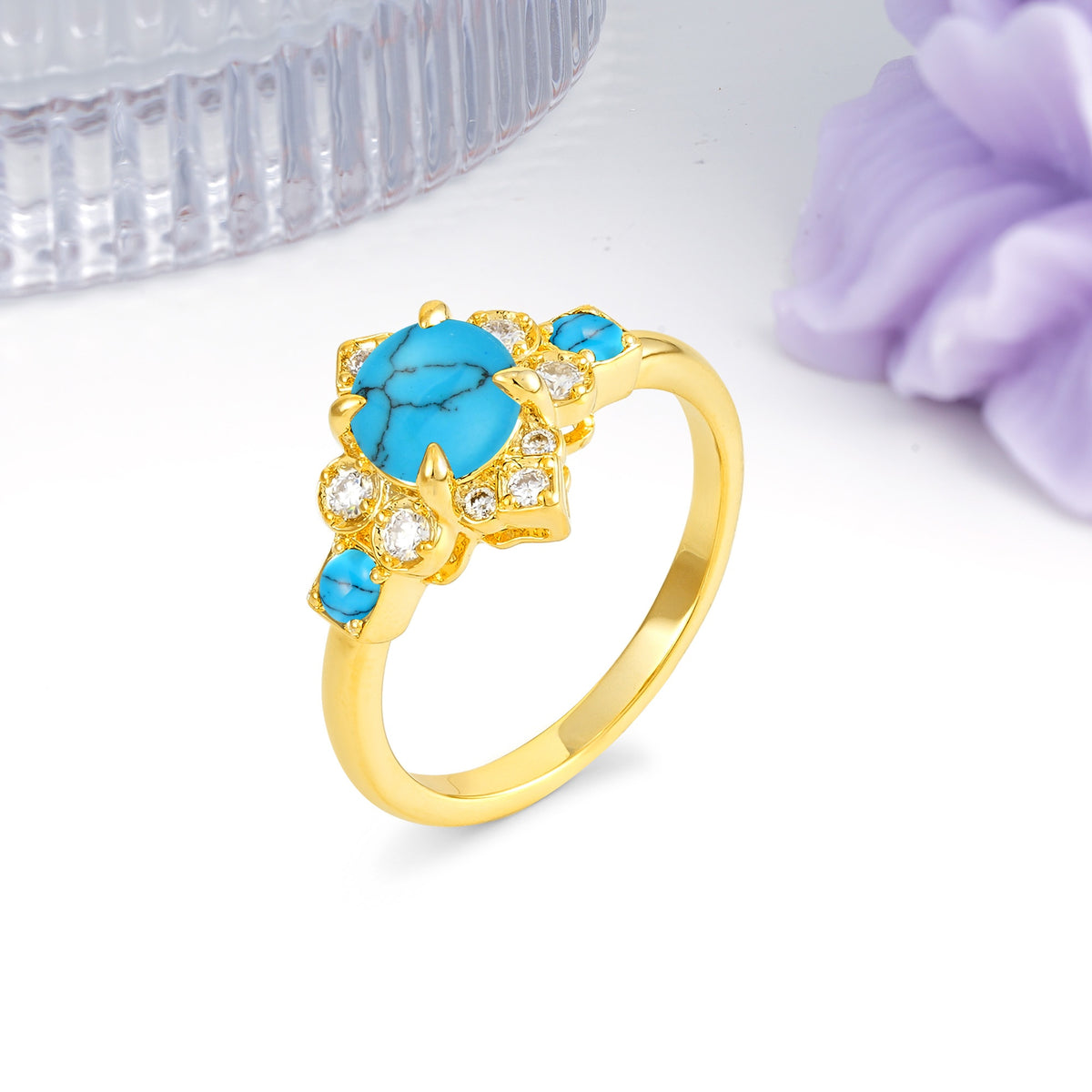 Unique Vintage-Luxury 4-Prong Round Cut Turquoise Engagement Ring - Additional view