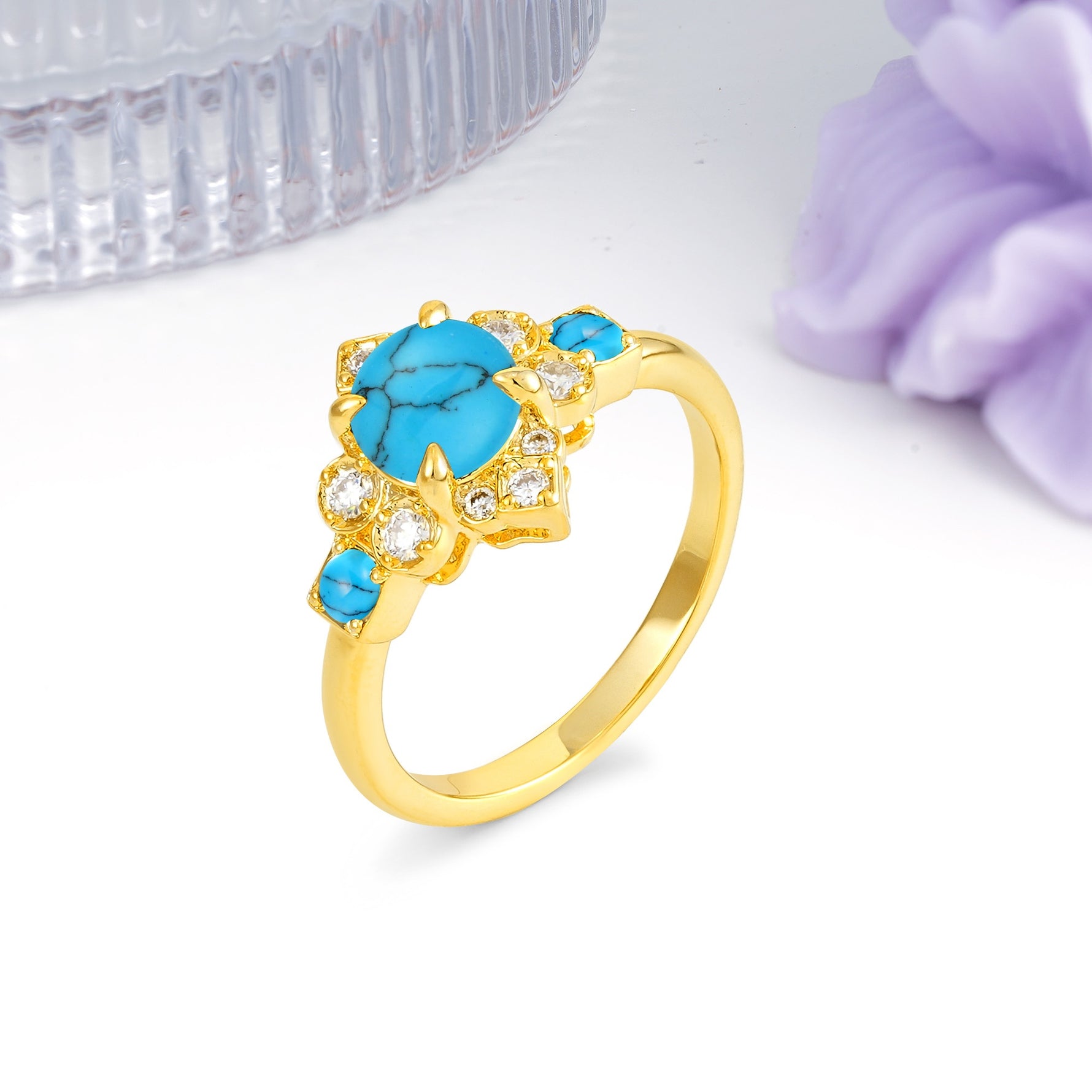 Unique Vintage-Luxury 4-Prong Round Cut Turquoise Engagement Ring - Additional view