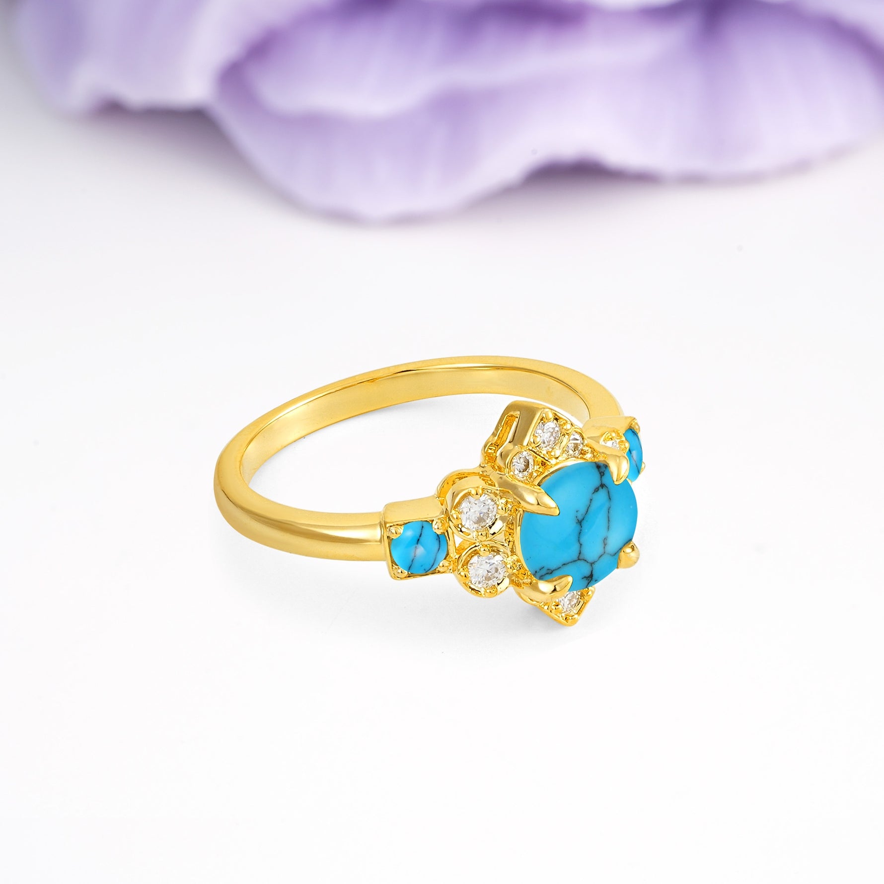 Unique Vintage-Luxury 4-Prong Round Cut Turquoise Engagement Ring - Additional view