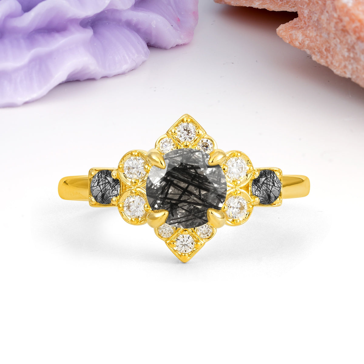 Unique Vintage-Luxury 4-Prong Round Cut Black Rutilated Quartz Engagement Ring - Additional view
