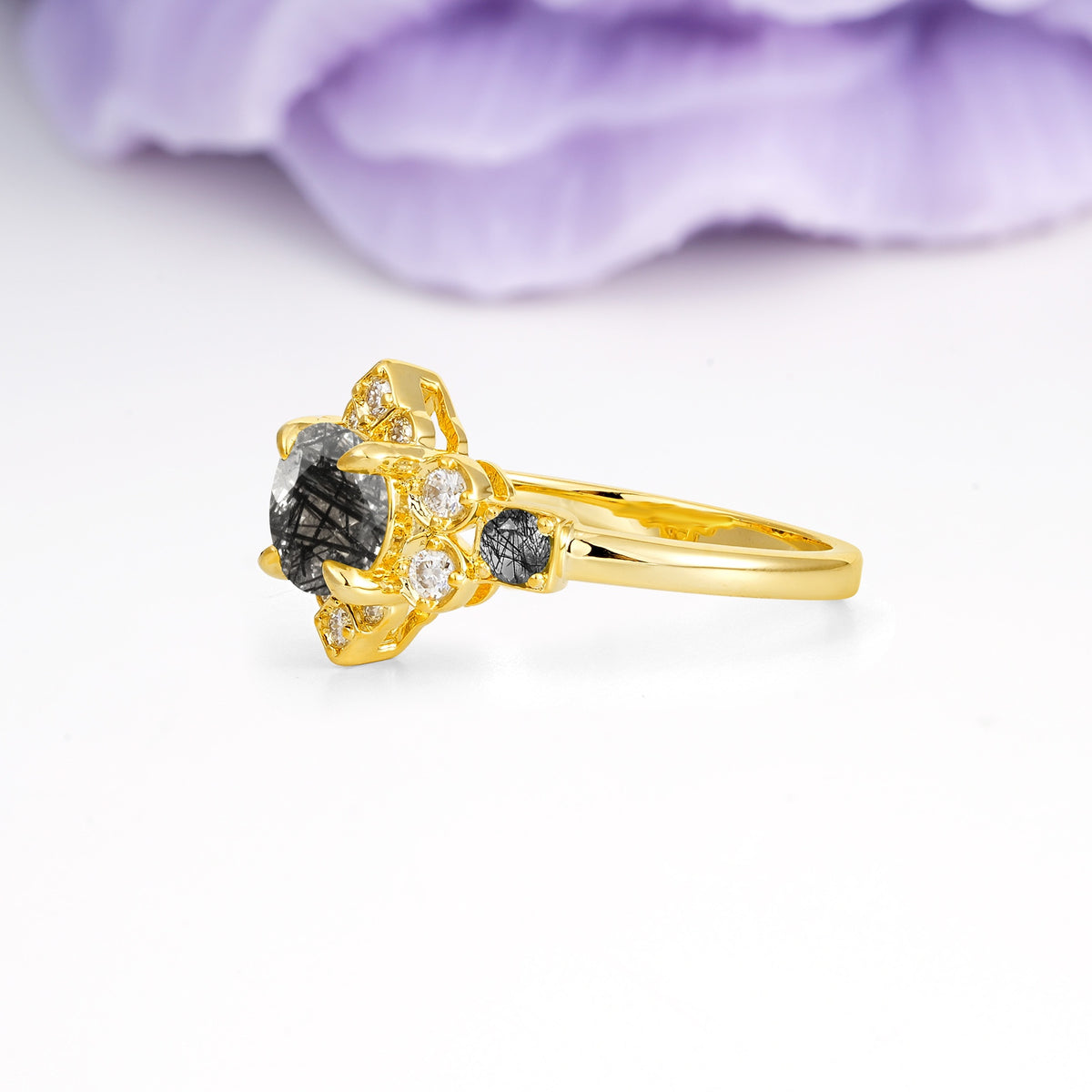 Unique Vintage-Luxury 4-Prong Round Cut Black Rutilated Quartz Engagement Ring - Additional view