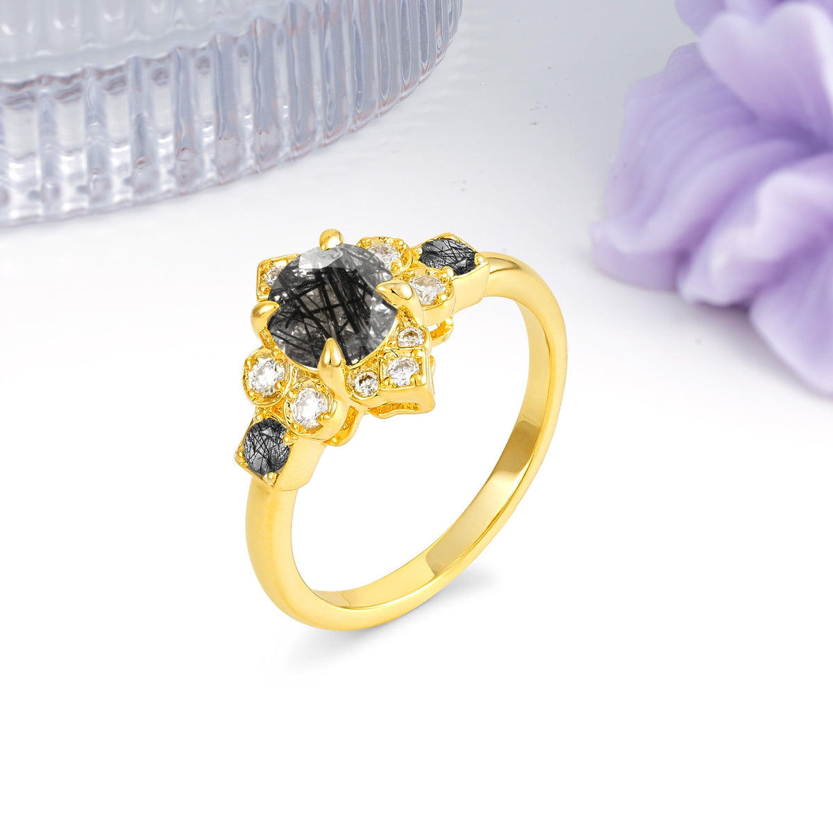 Unique Vintage-Luxury 4-Prong Round Cut Black Rutilated Quartz Engagement Ring - Additional view