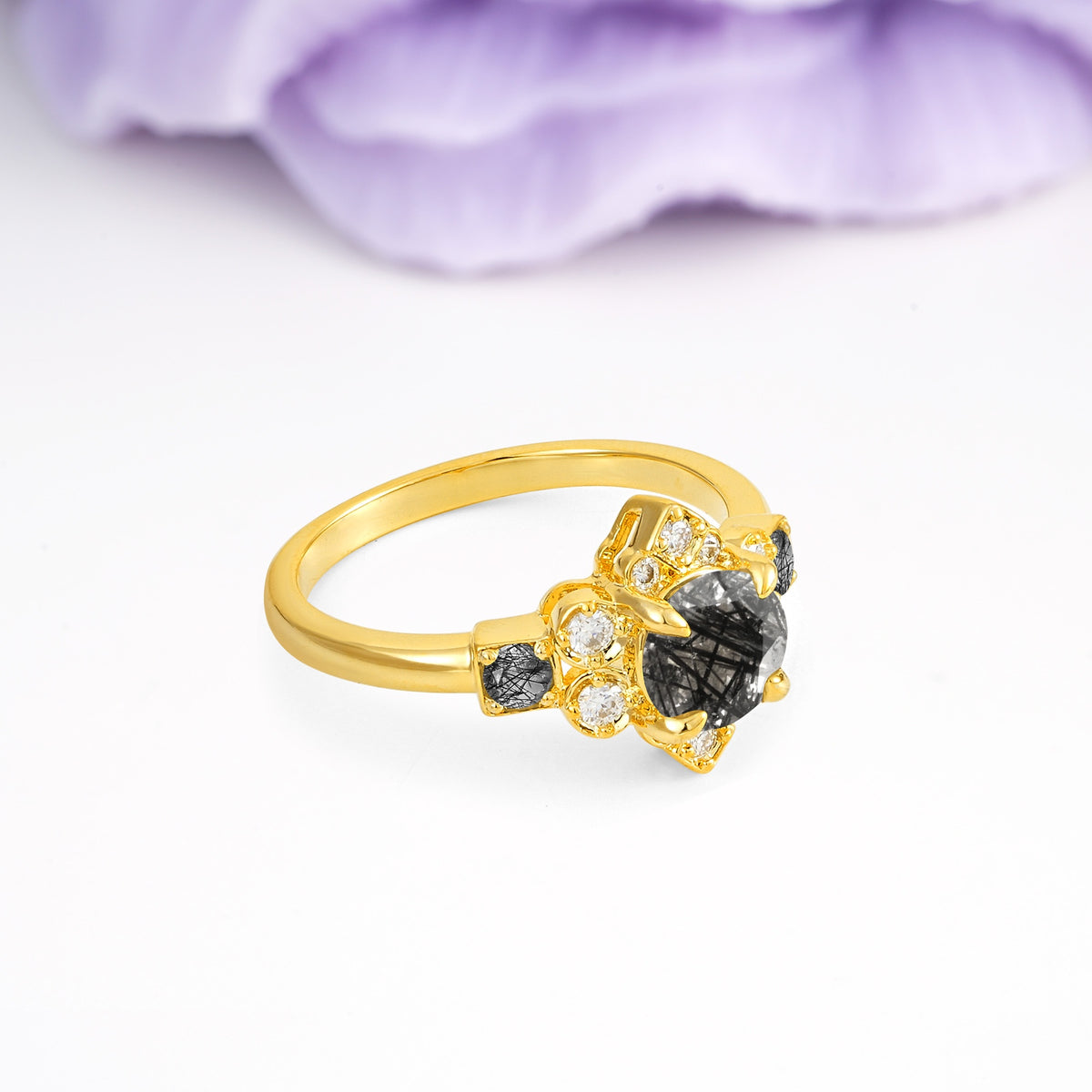Unique Vintage-Luxury 4-Prong Round Cut Black Rutilated Quartz Engagement Ring - Additional view