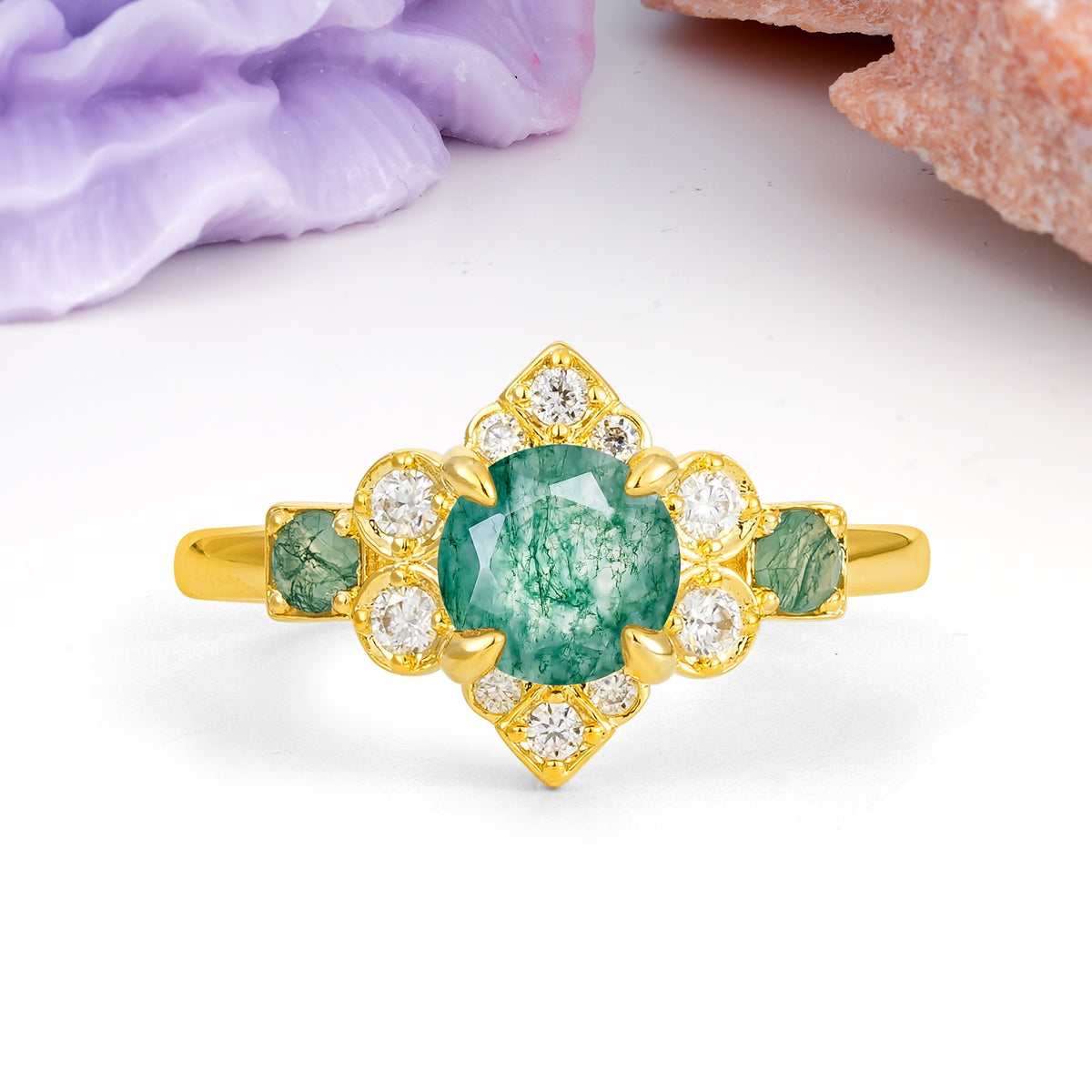 Unique Vintage-Luxury 4-Prong Round Cut Moss Agate Engagement Ring - Additional view