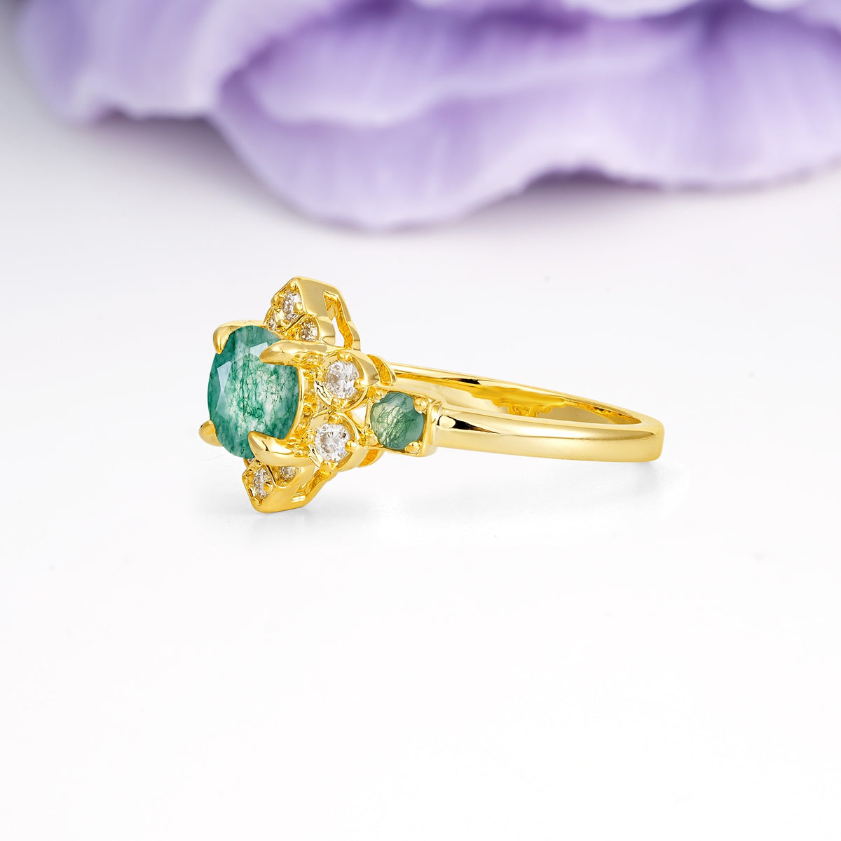 Unique Vintage-Luxury 4-Prong Round Cut Moss Agate Engagement Ring - Additional view