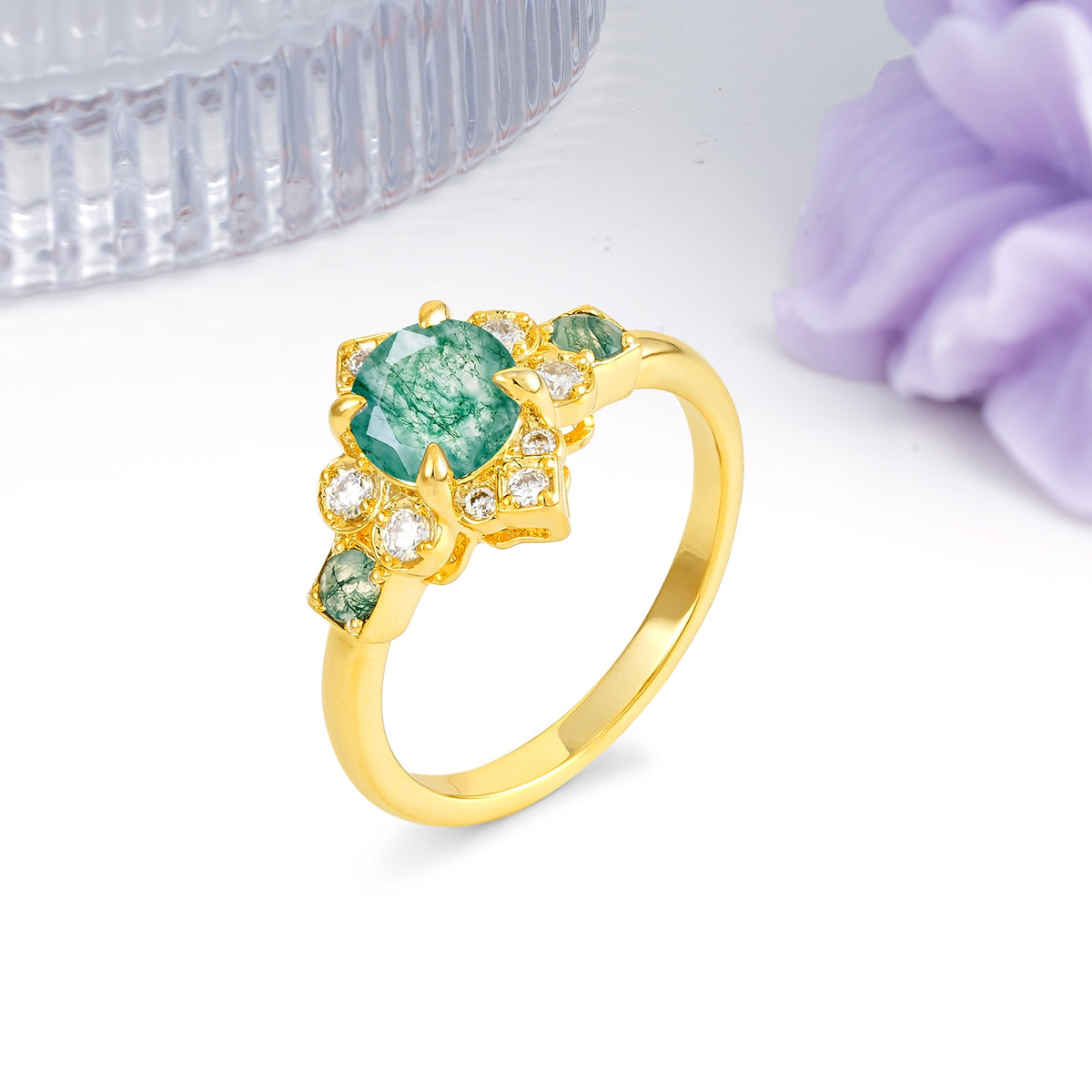 Unique Vintage-Luxury 4-Prong Round Cut Moss Agate Engagement Ring - Additional view