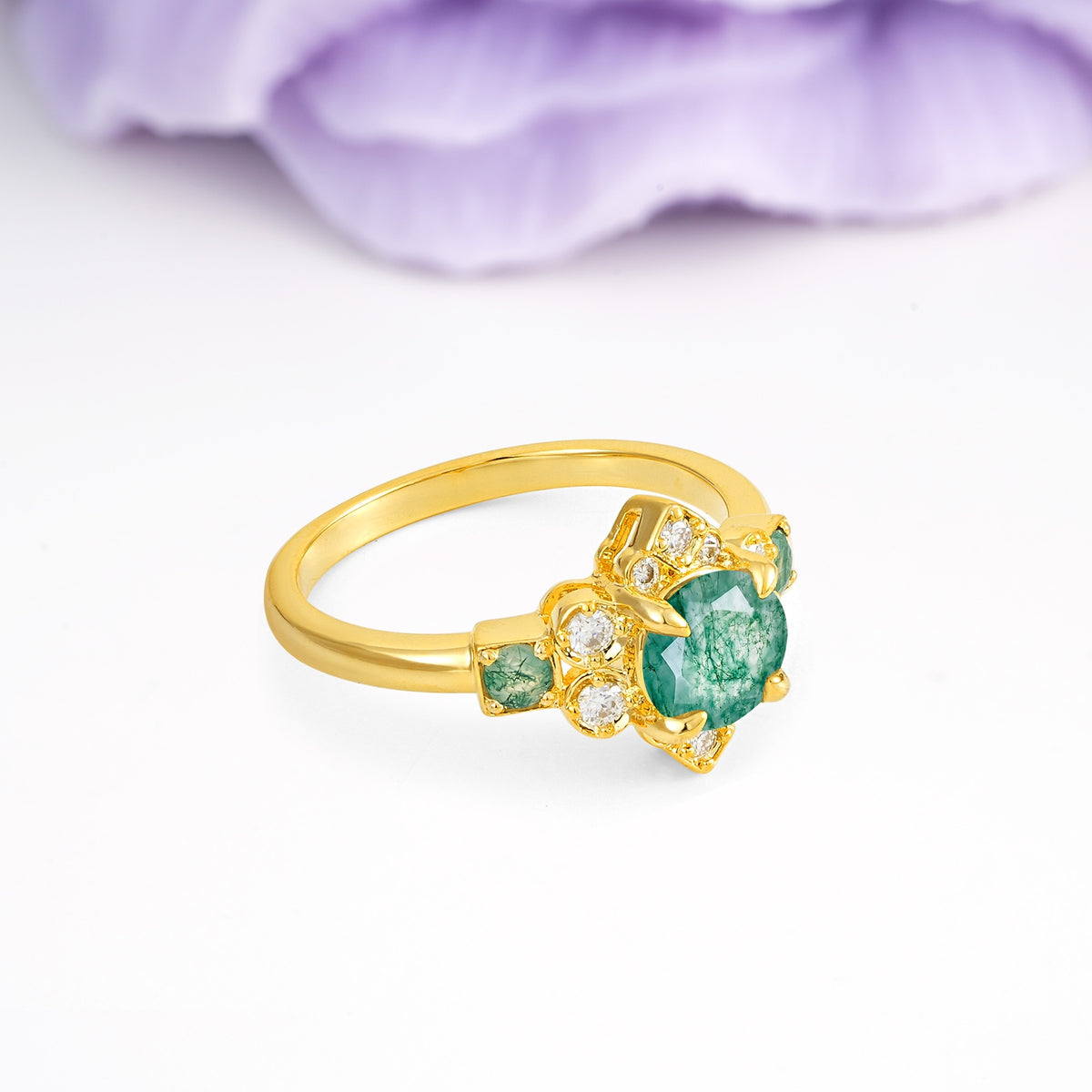 Unique Vintage-Luxury 4-Prong Round Cut Moss Agate Engagement Ring - Additional view