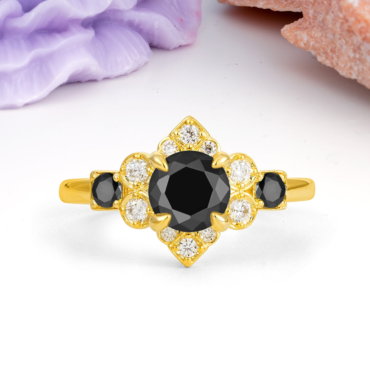 Unique Vintage-Luxury 4-Prong Round Cut Black Onyx Engagement Ring - Additional view