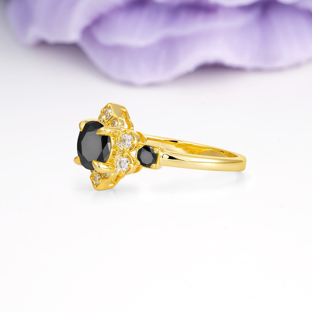Unique Vintage-Luxury 4-Prong Round Cut Black Onyx Engagement Ring - Additional view