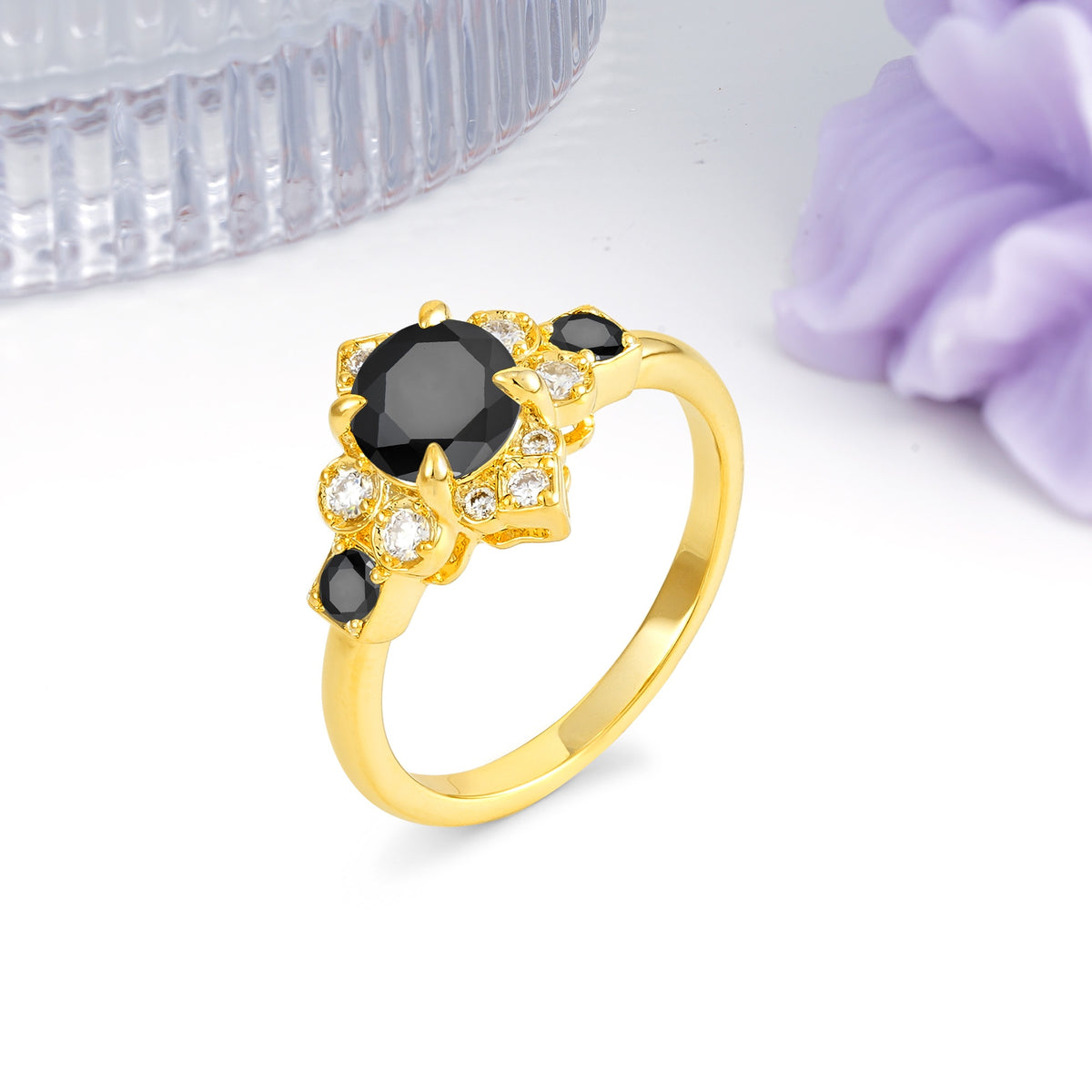 Unique Vintage-Luxury 4-Prong Round Cut Black Onyx Engagement Ring - Additional view