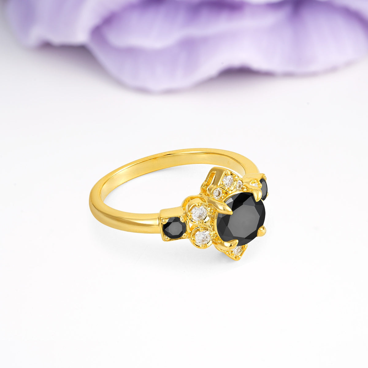 Unique Vintage-Luxury 4-Prong Round Cut Black Onyx Engagement Ring - Additional view