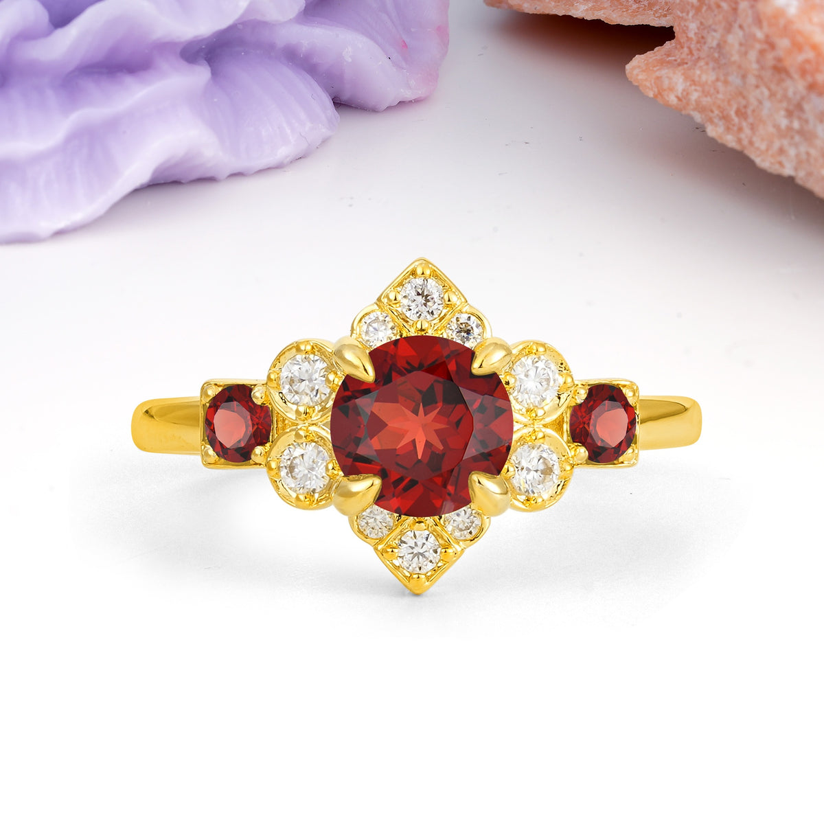 Unique Vintage-Luxury 4-Prong Round Cut Garnet Engagement Ring - Additional view