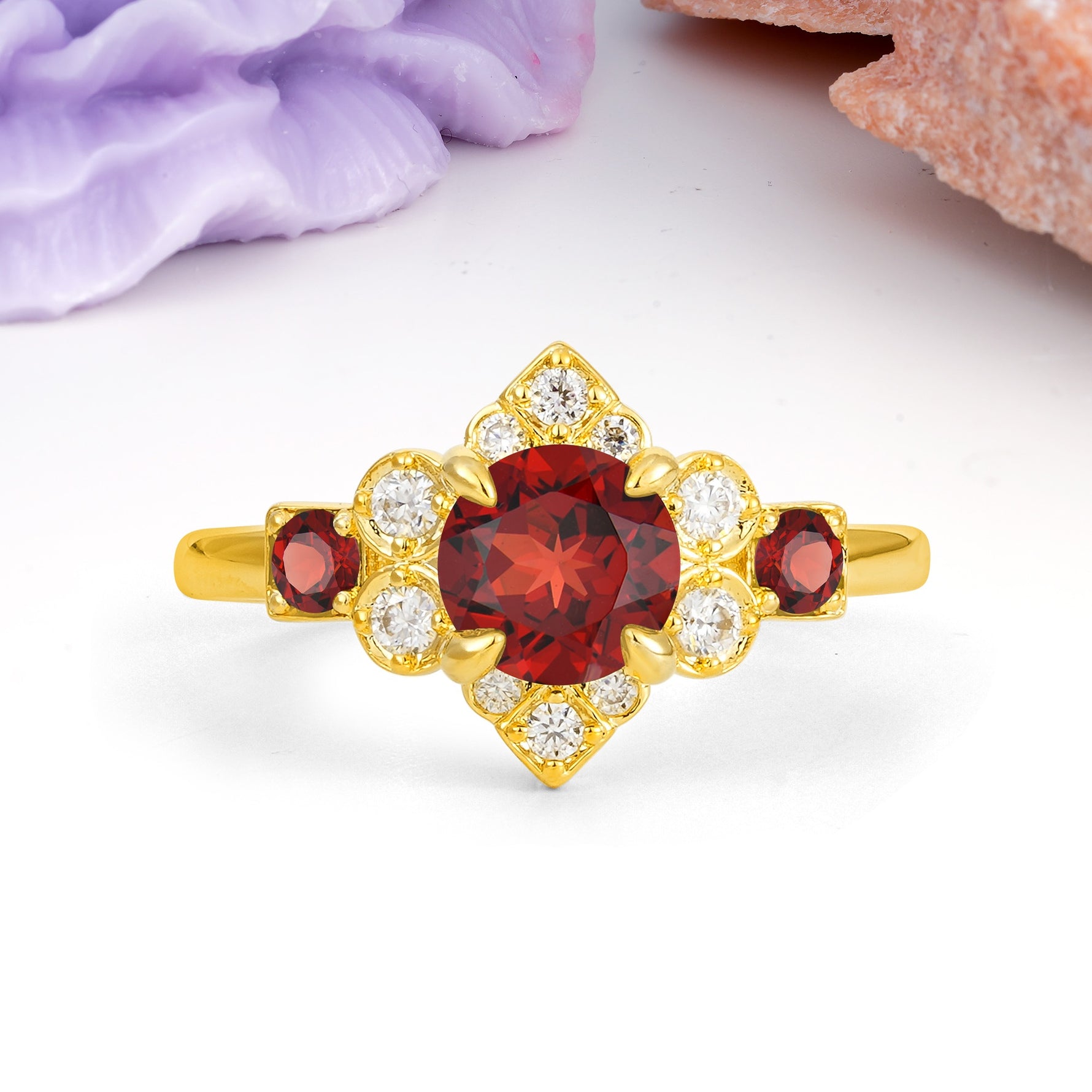 Unique Vintage-Luxury 4-Prong Round Cut Garnet Engagement Ring - Additional view