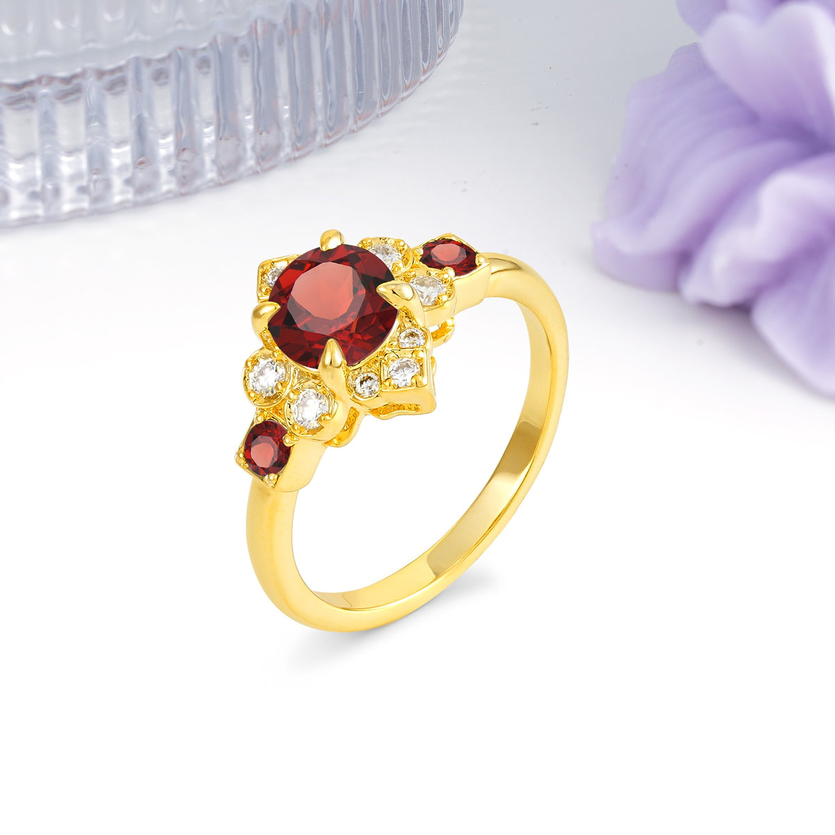 Unique Vintage-Luxury 4-Prong Round Cut Garnet Engagement Ring - Additional view
