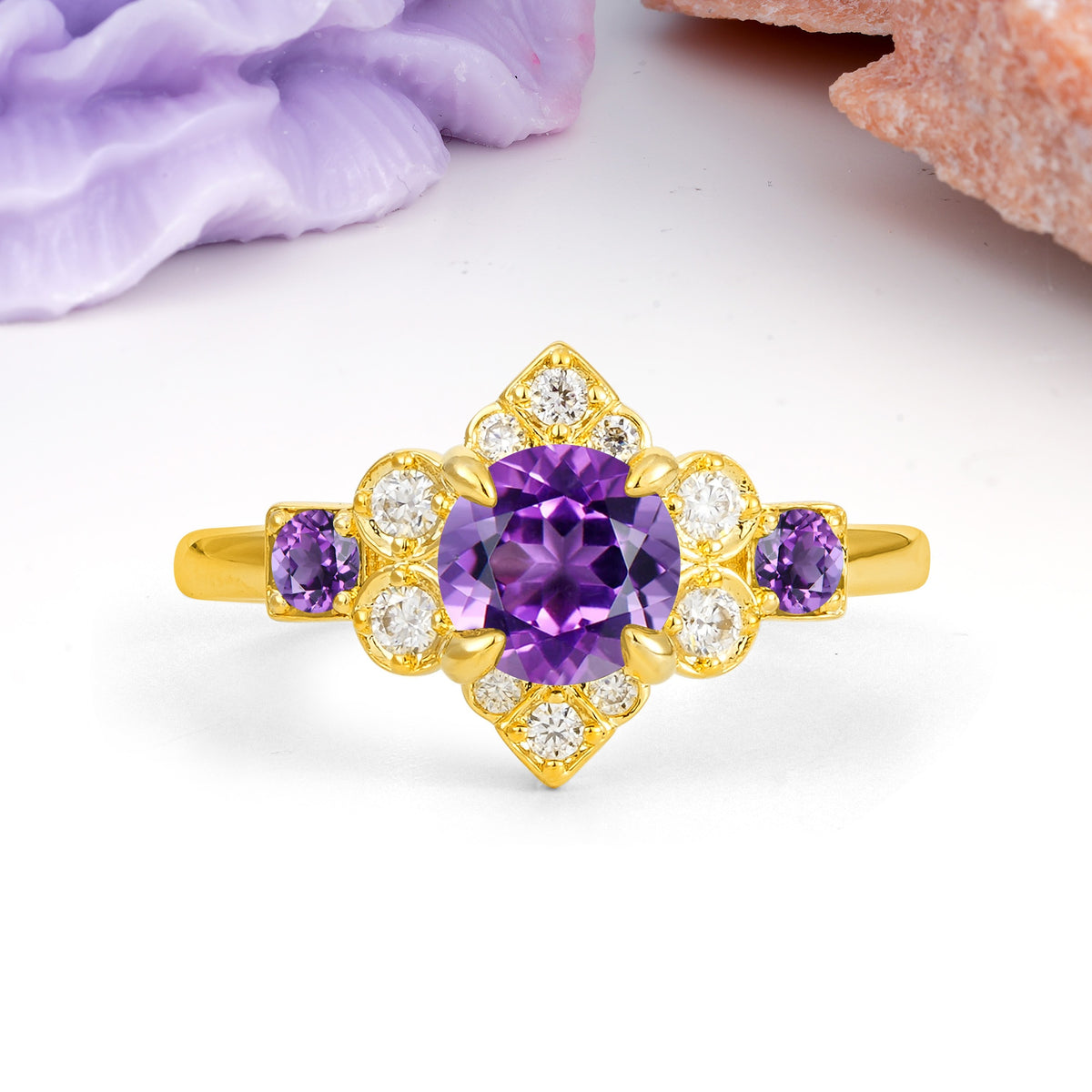 Unique Vintage-Luxury 4-Prong Round Cut Amethyst Engagement Ring - Additional view