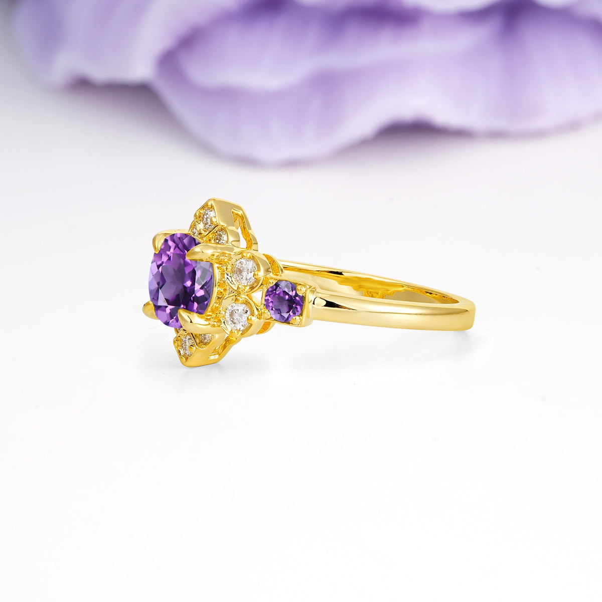 Unique Vintage-Luxury 4-Prong Round Cut Amethyst Engagement Ring - Additional view