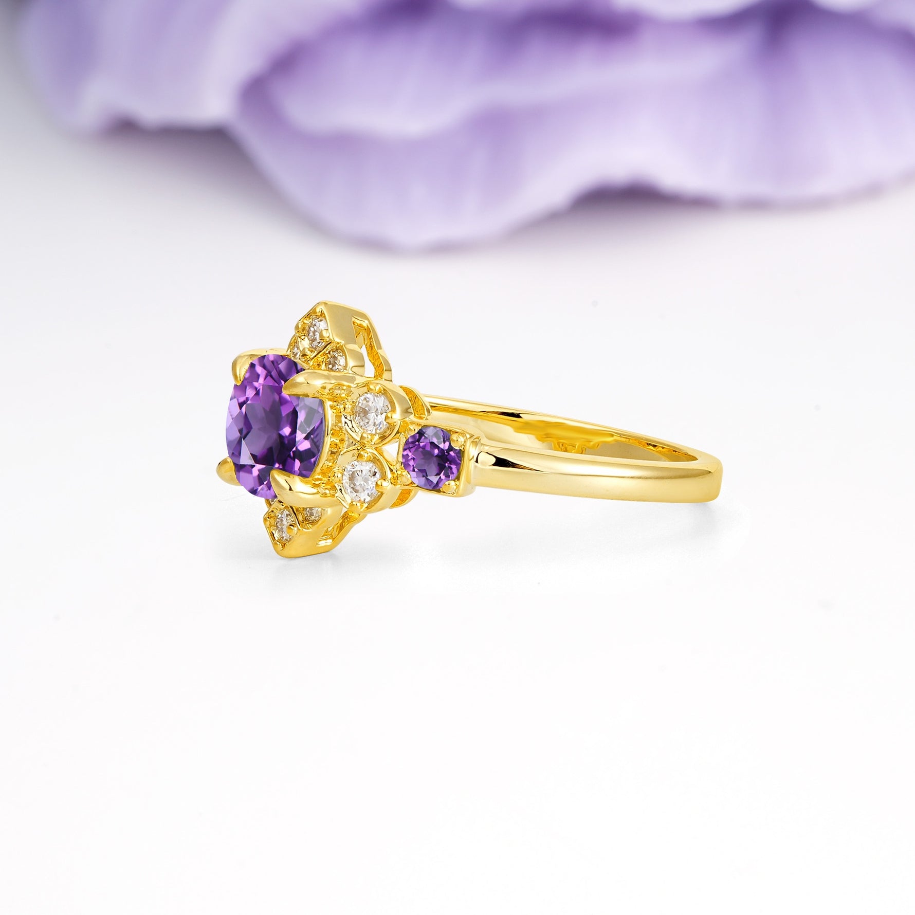 Unique Vintage-Luxury 4-Prong Round Cut Amethyst Engagement Ring - Additional view