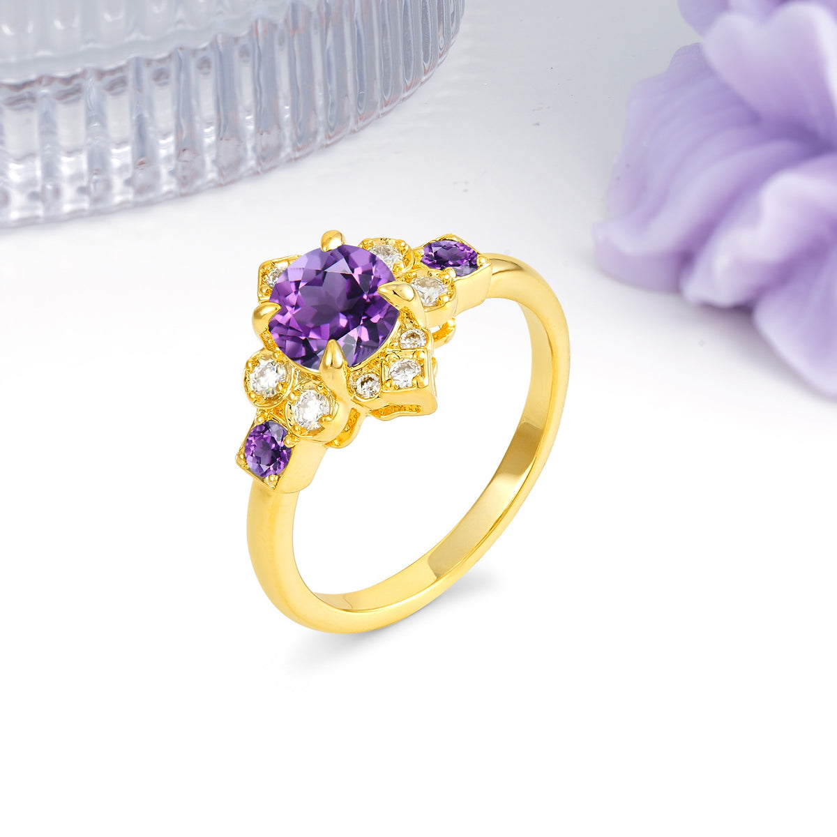 Unique Vintage-Luxury 4-Prong Round Cut Amethyst Engagement Ring - Additional view