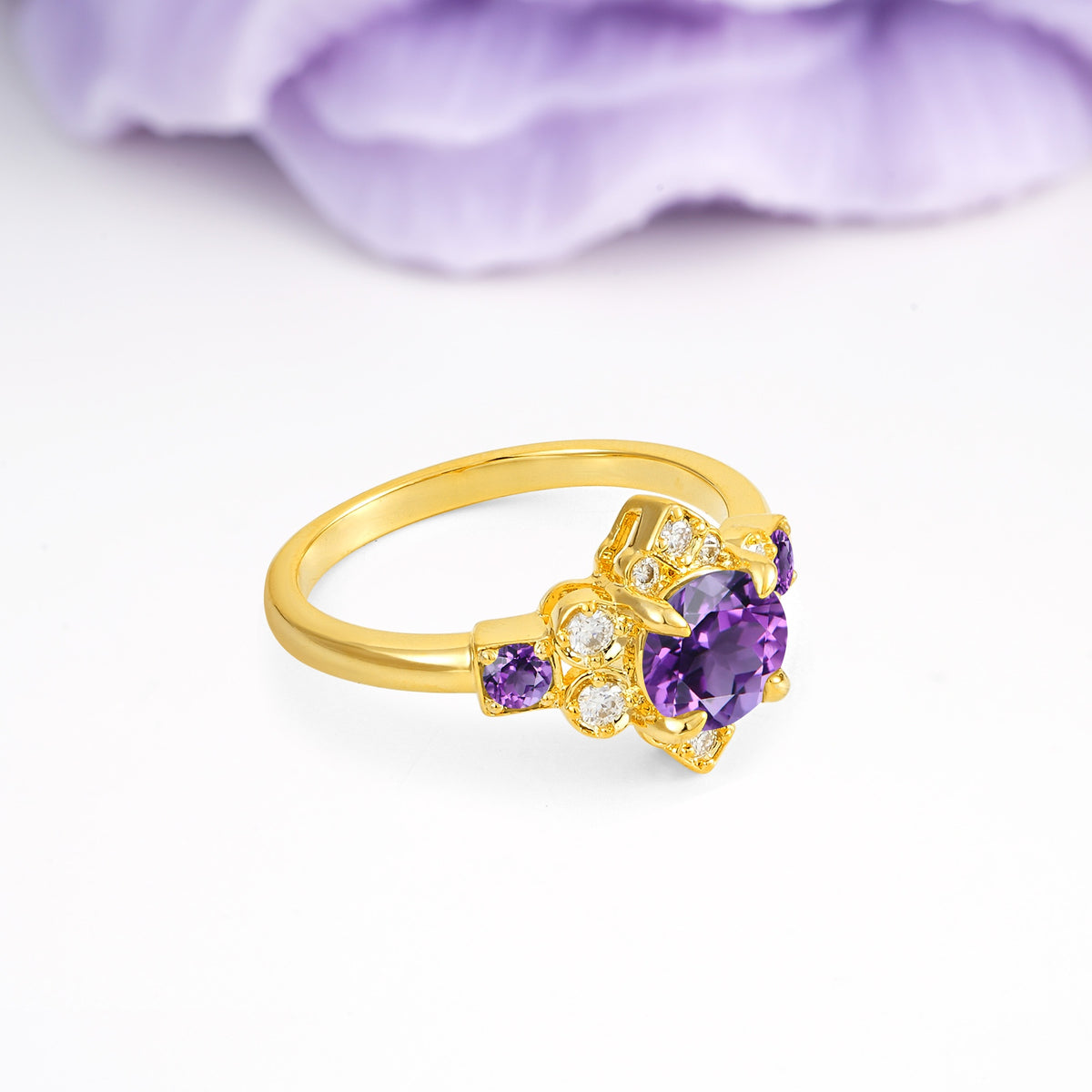 Unique Vintage-Luxury 4-Prong Round Cut Amethyst Engagement Ring - Additional view