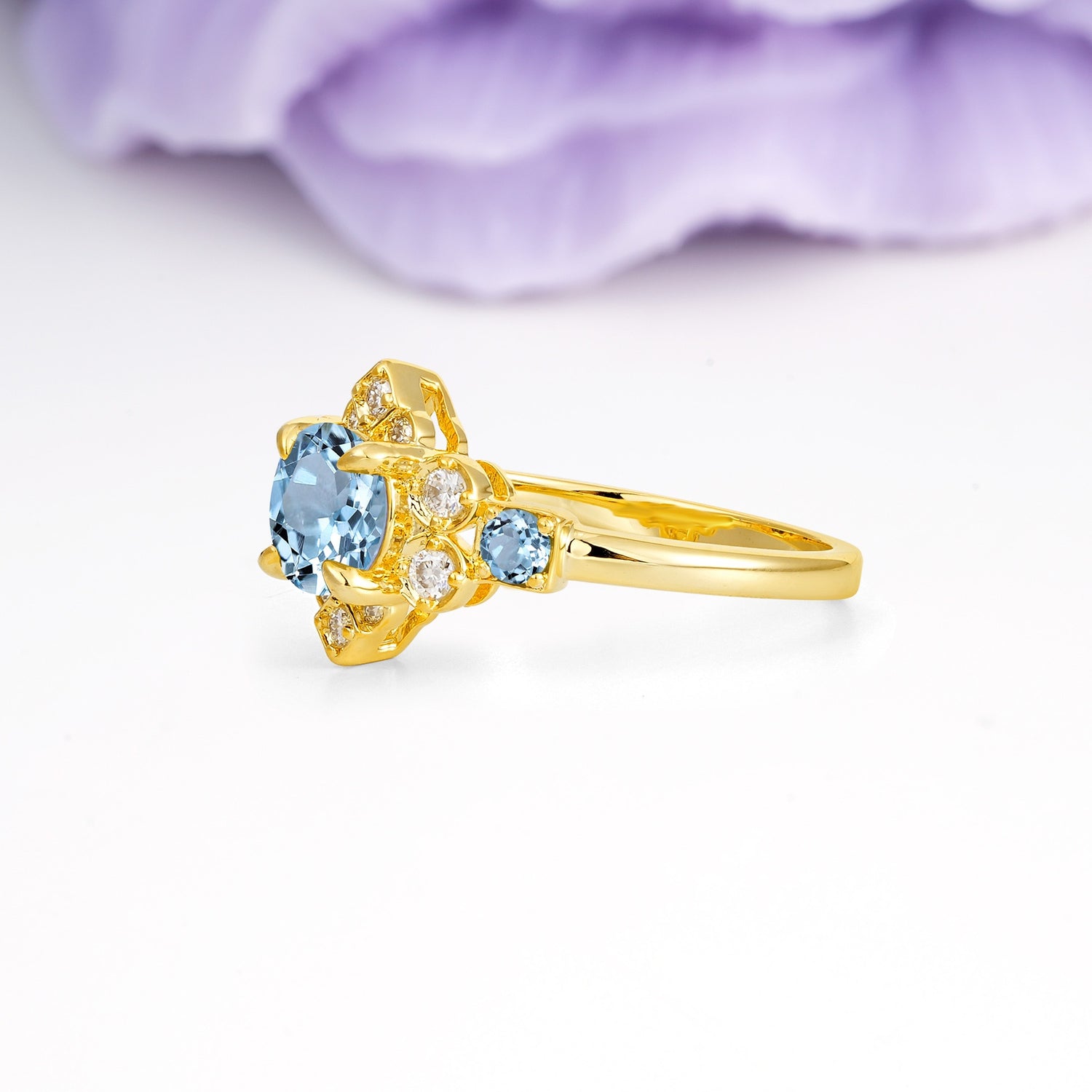 Unique Vintage-Luxury 4-Prong Round Cut Aquamarine Engagement Ring - Additional view