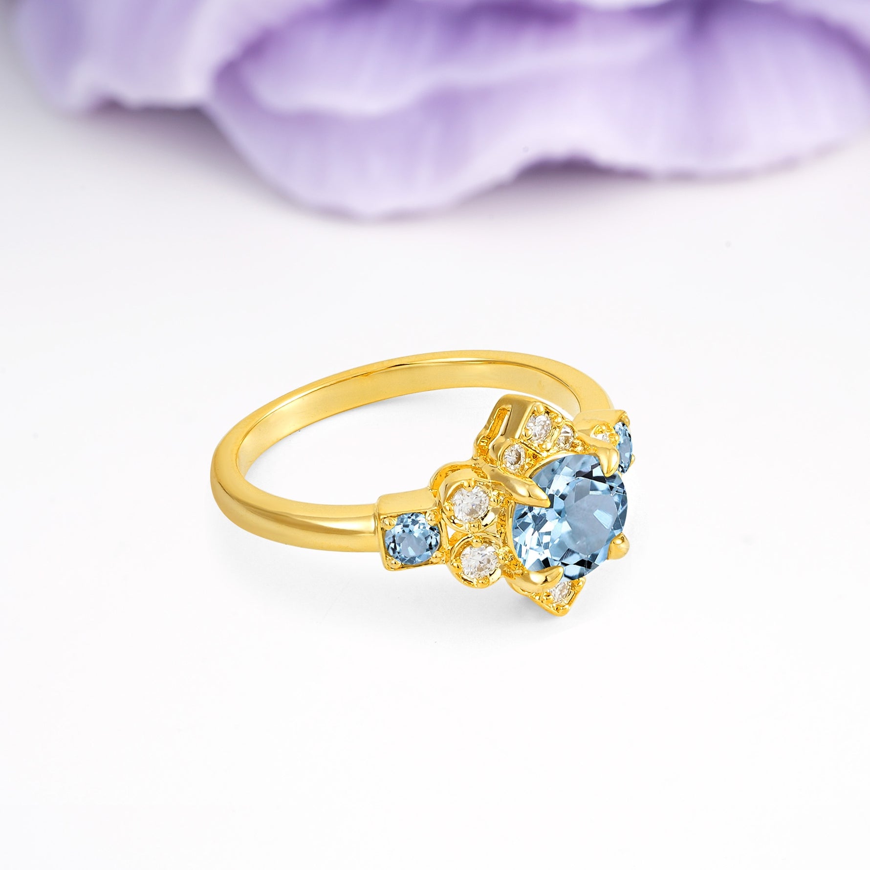 Unique Vintage-Luxury 4-Prong Round Cut Aquamarine Engagement Ring - Additional view