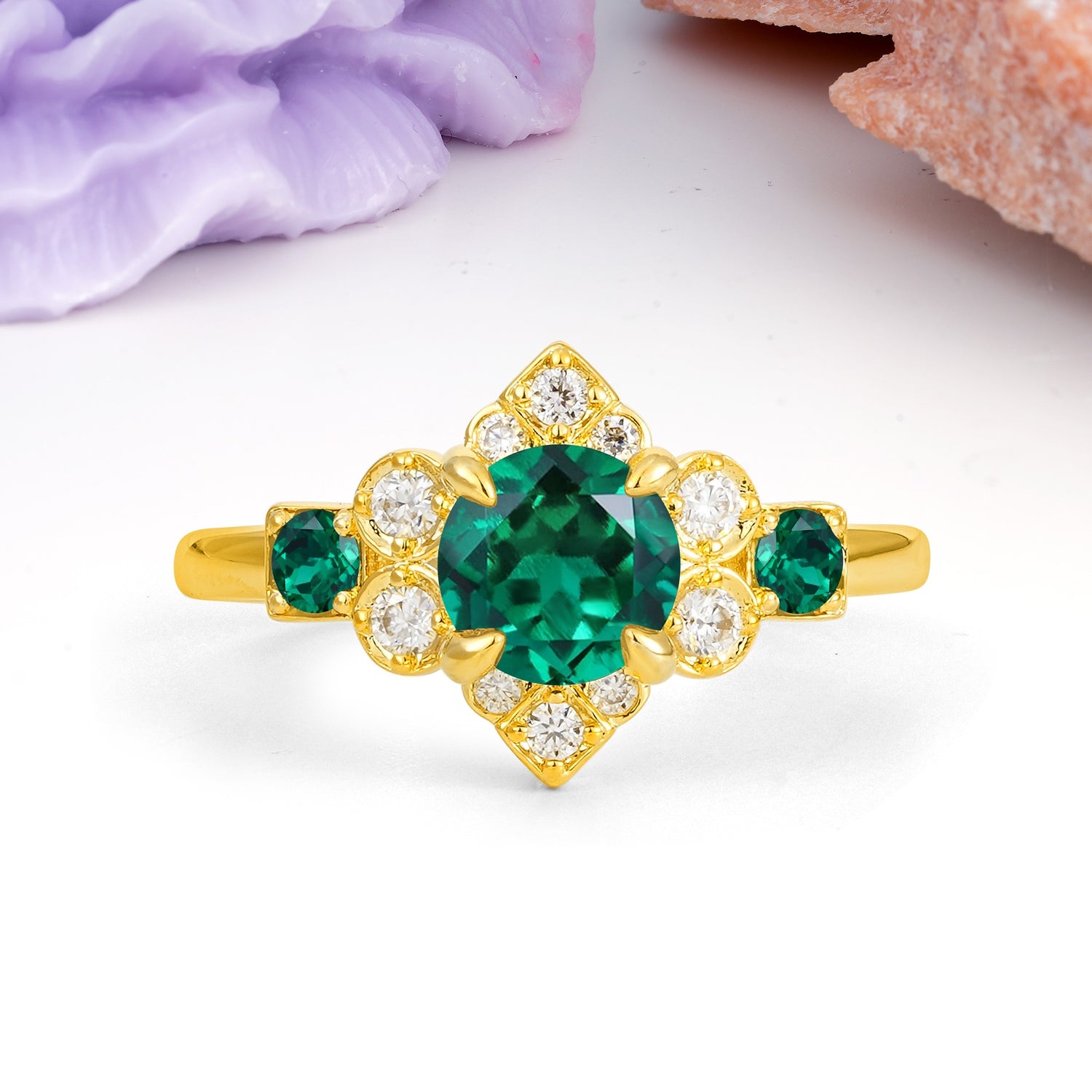 Unique Vintage-Luxury 4-Prong Round Cut Emerald Engagement Ring - Additional view
