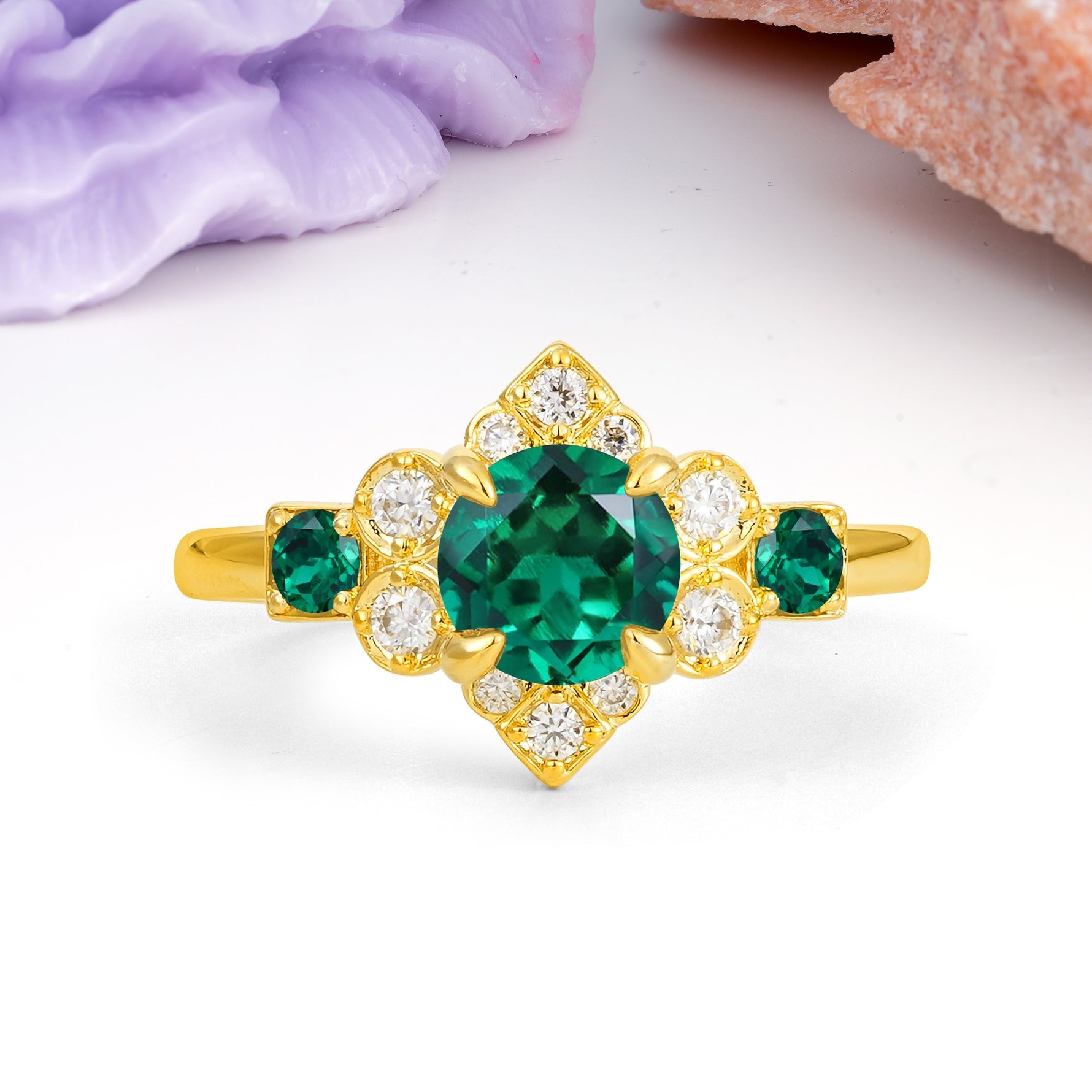 Unique Vintage-Luxury 4-Prong Round Cut Emerald Engagement Ring - Additional view