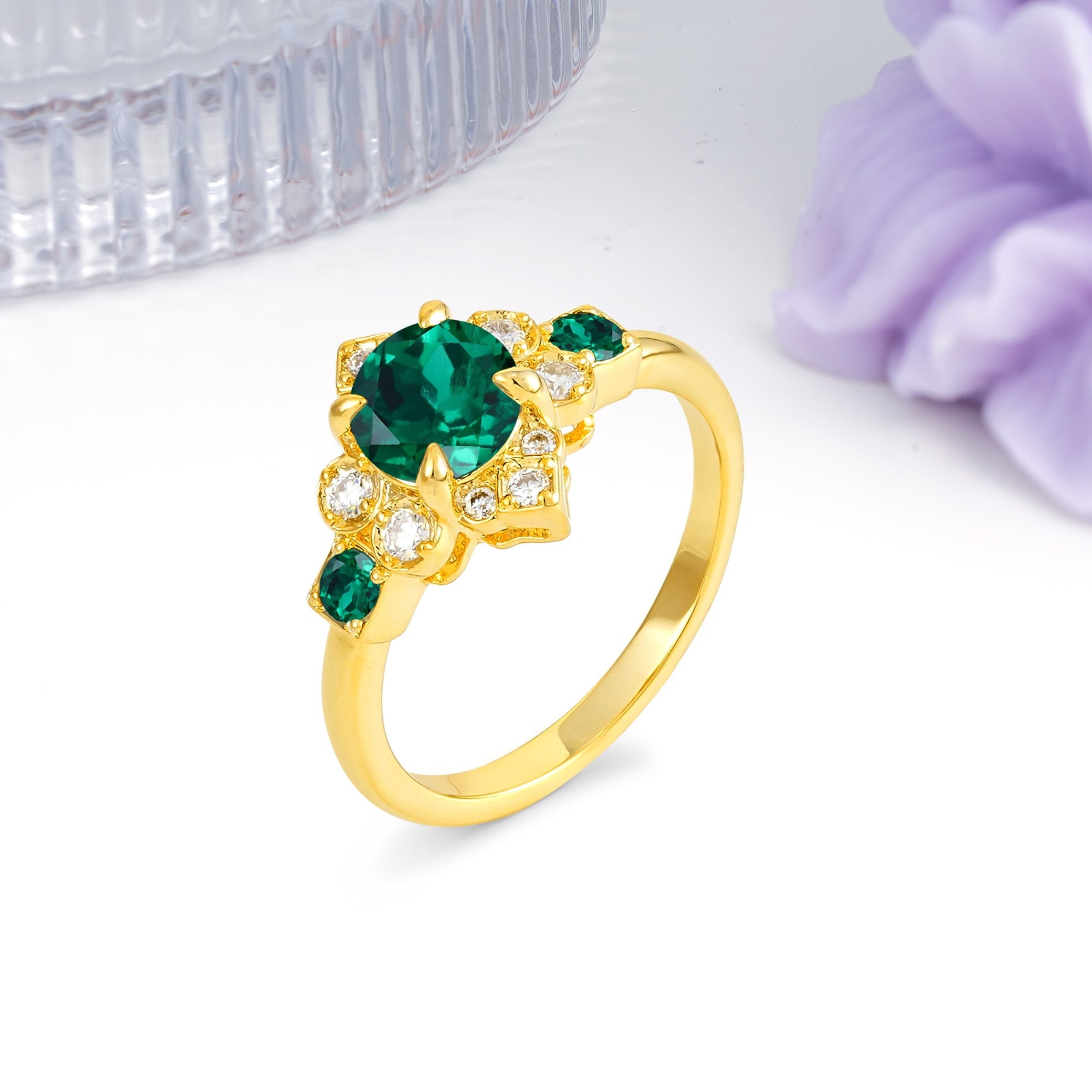 Unique Vintage-Luxury 4-Prong Round Cut Emerald Engagement Ring - Additional view