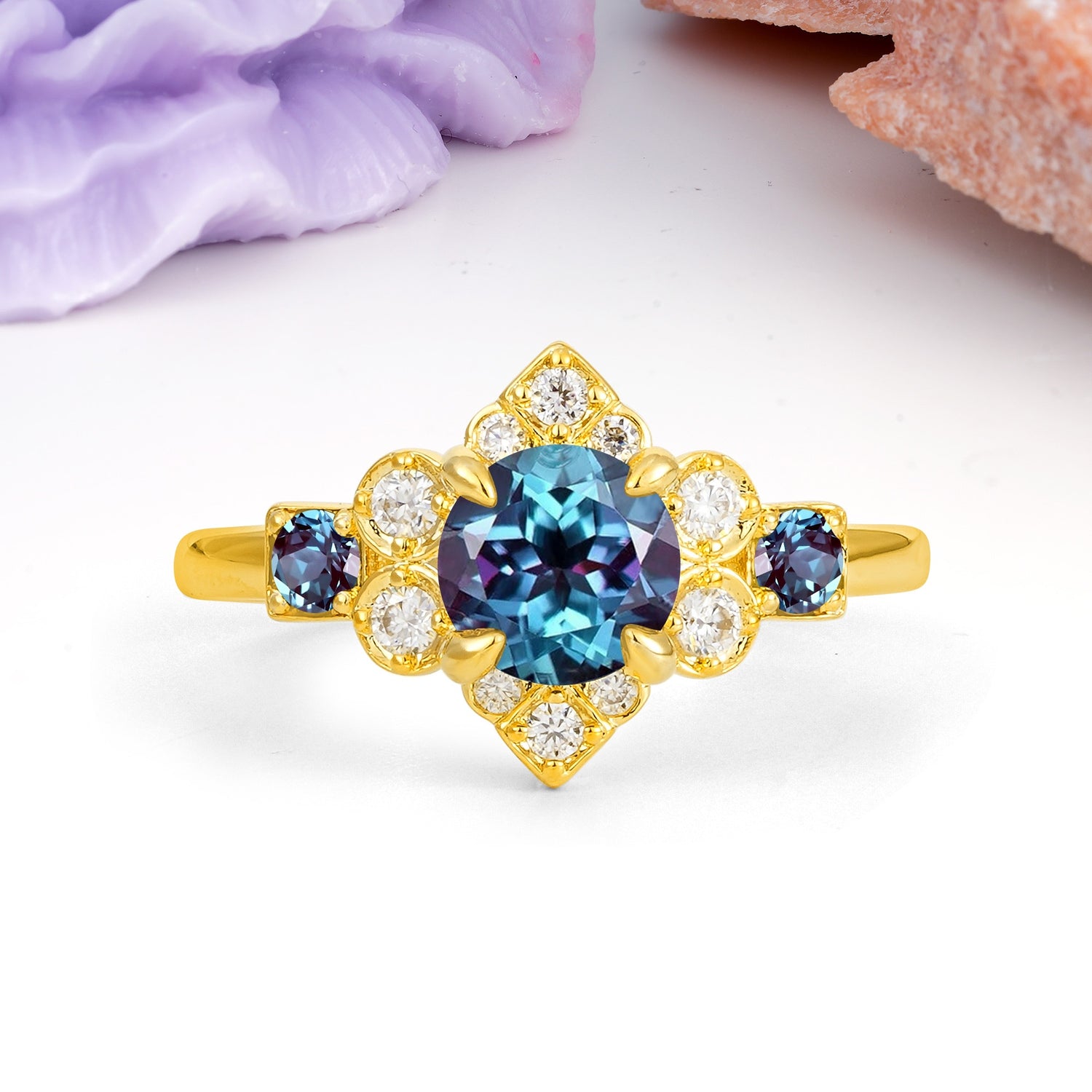 Unique Vintage-Luxury 4-Prong Round Cut Alexandrite Engagement Ring - Additional view