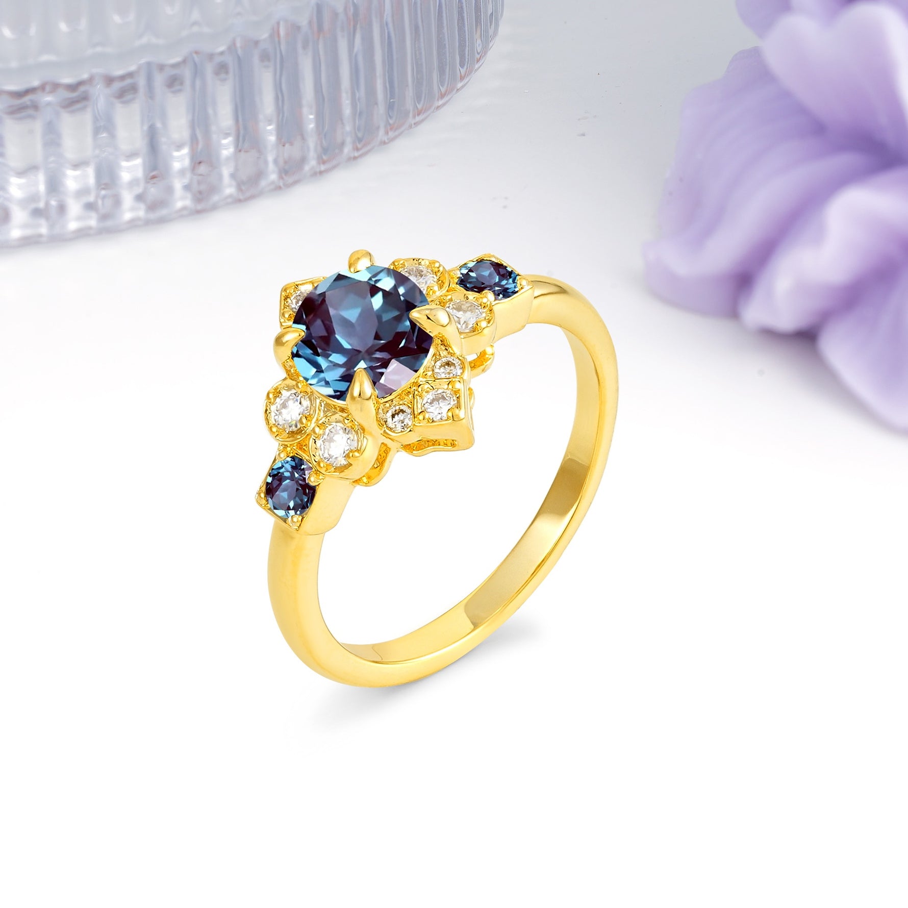 Unique Vintage-Luxury 4-Prong Round Cut Alexandrite Engagement Ring - Additional view