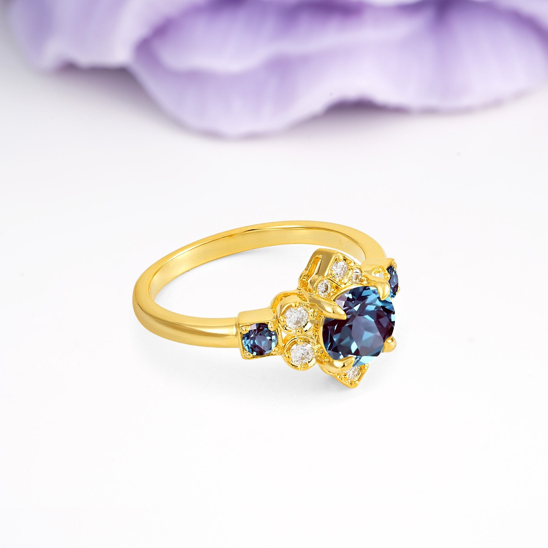 Unique Vintage-Luxury 4-Prong Round Cut Alexandrite Engagement Ring - Additional view