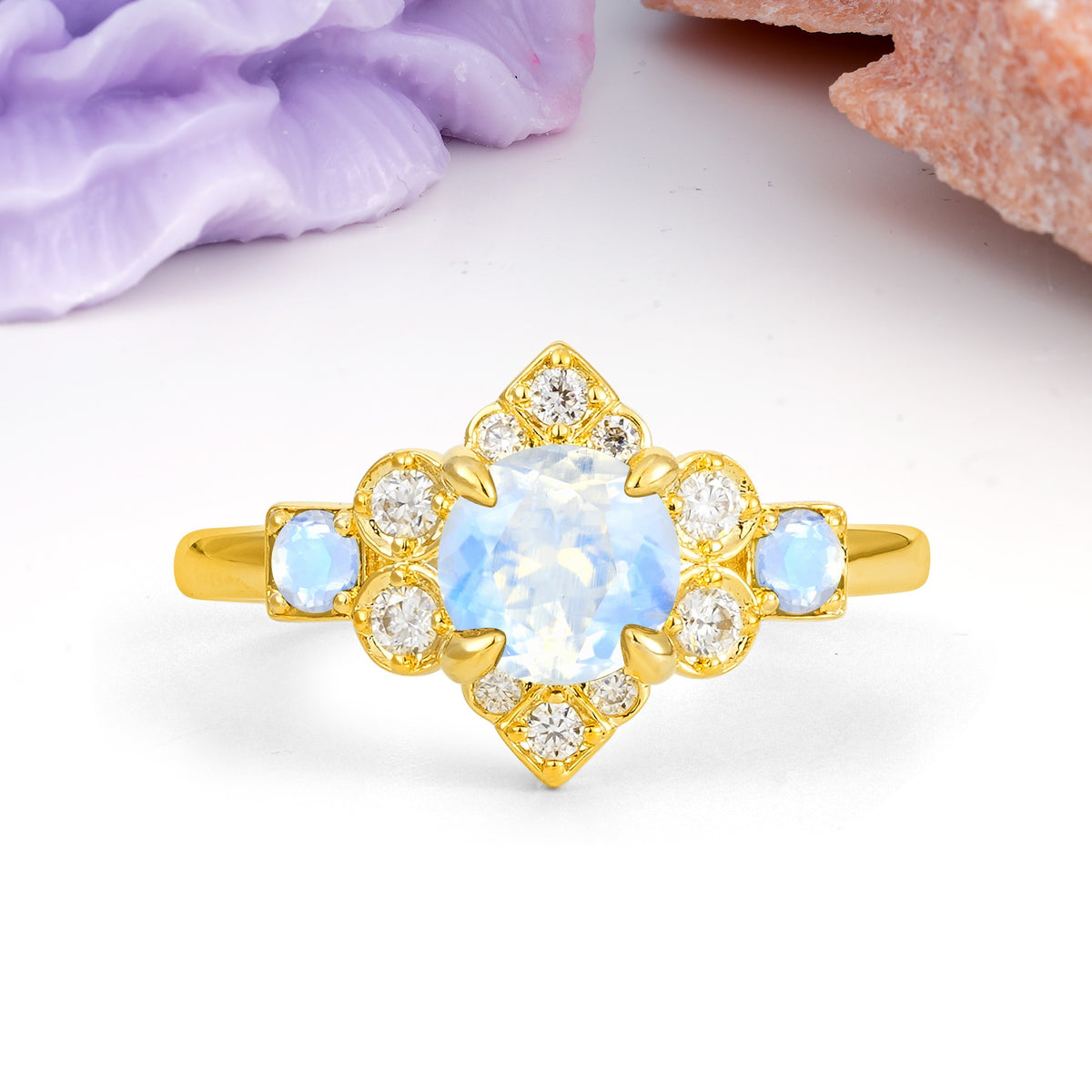Unique Vintage-Luxury 4-Prong Round Cut Moonstone Engagement Ring - Additional view