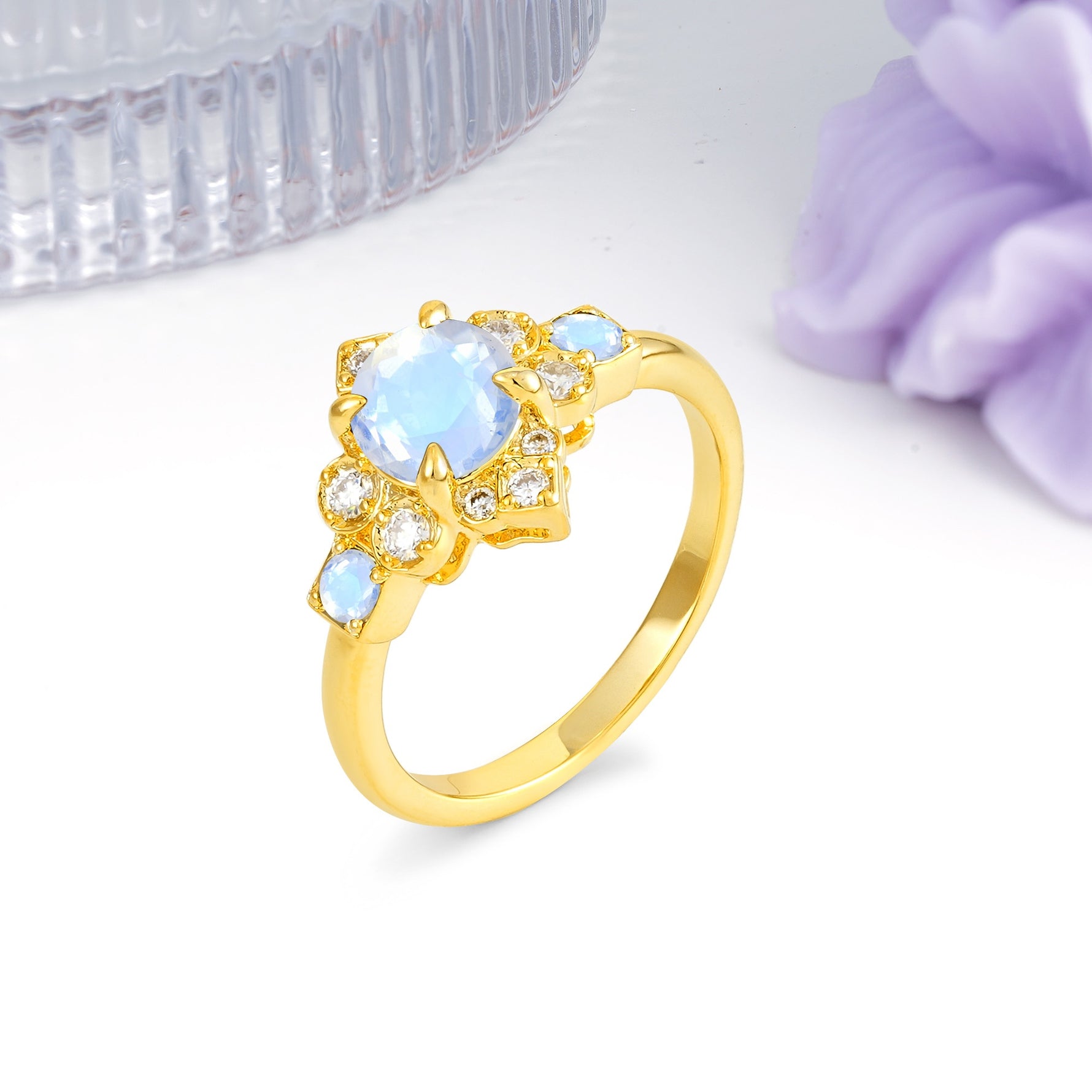 Unique Vintage-Luxury 4-Prong Round Cut Moonstone Engagement Ring - Additional view