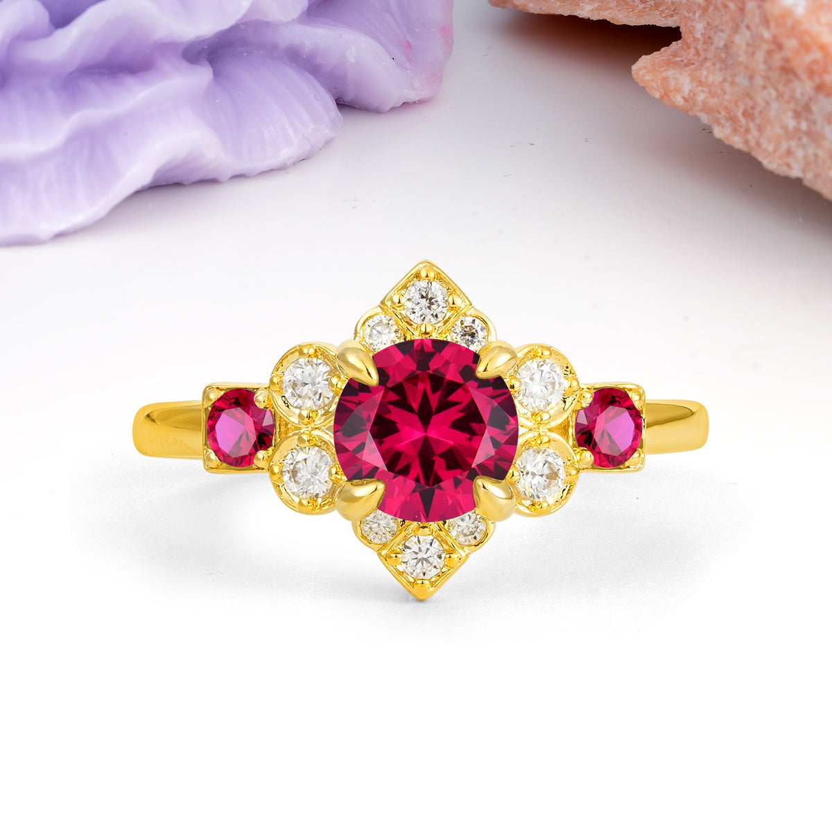 Unique Vintage-Luxury 4-Prong Round Cut Ruby Engagement Ring - Additional view