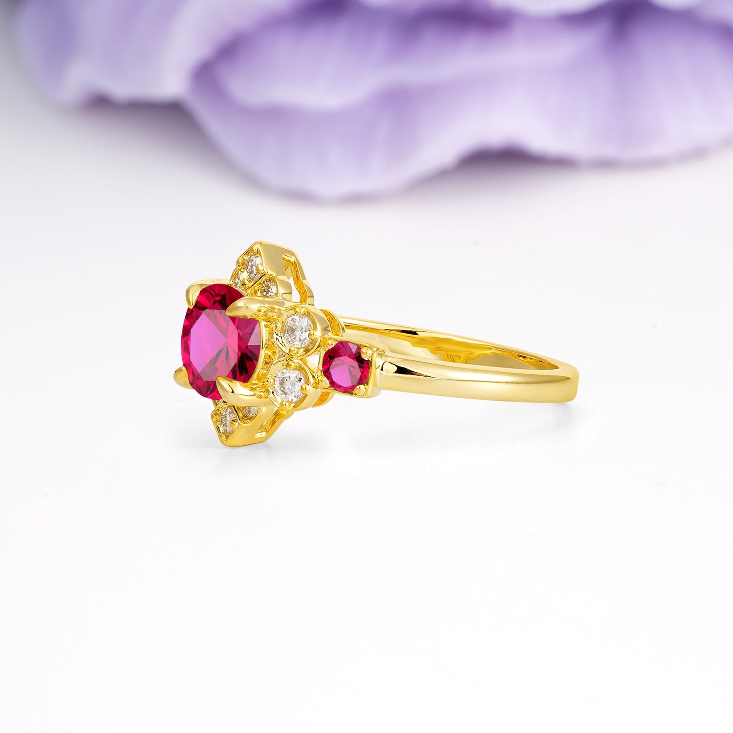 Unique Vintage-Luxury 4-Prong Round Cut Ruby Engagement Ring - Additional view