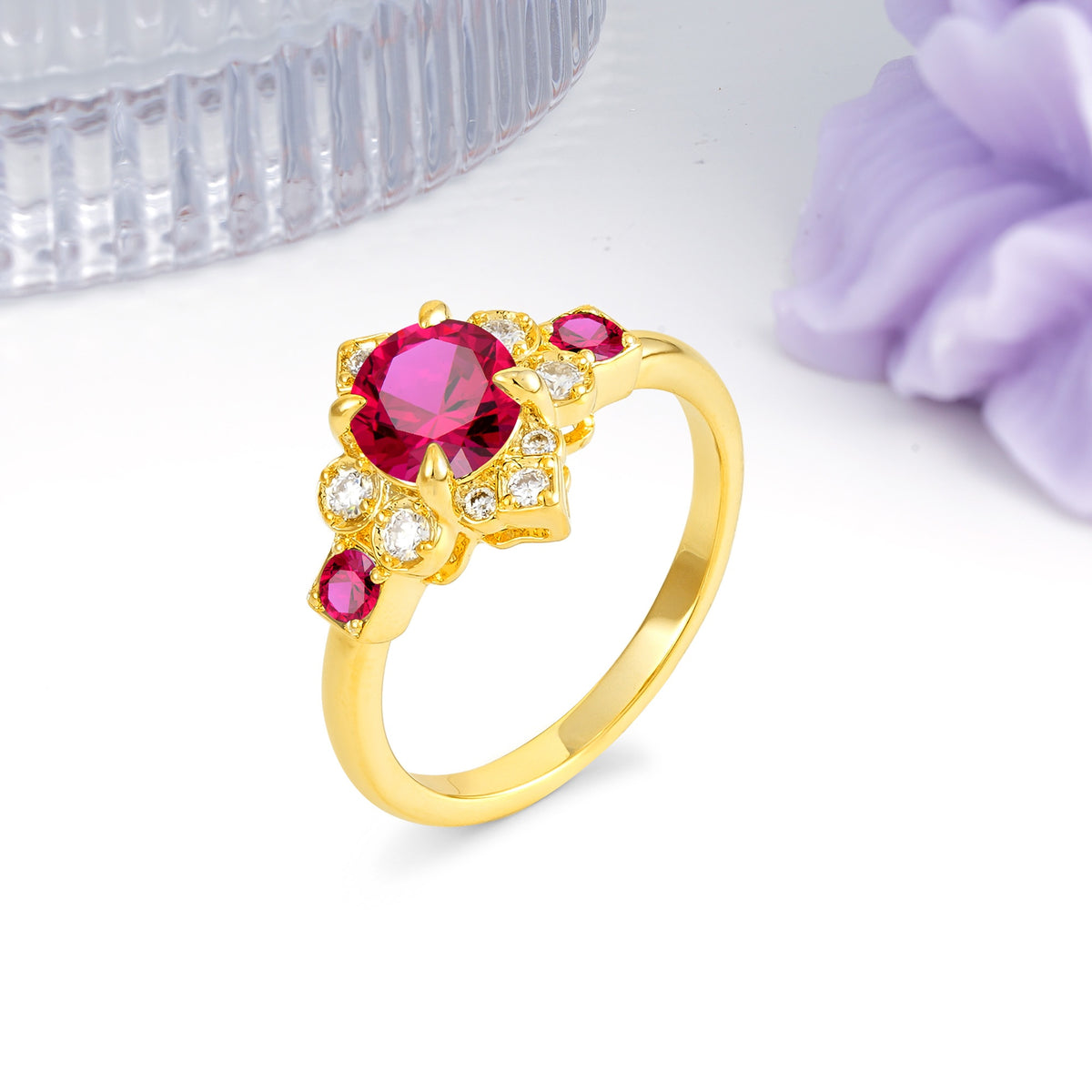 Unique Vintage-Luxury 4-Prong Round Cut Ruby Engagement Ring - Additional view