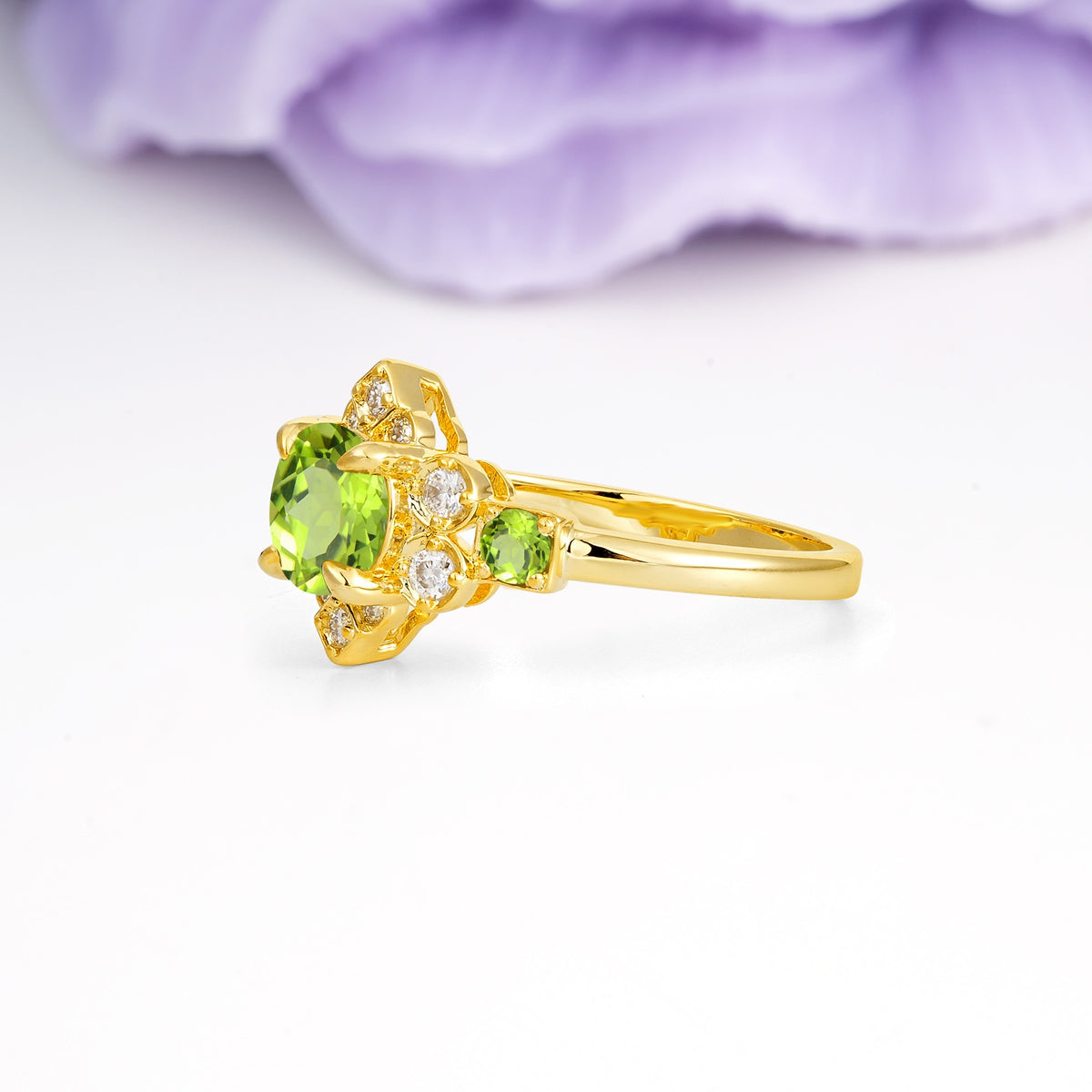 Unique Vintage-Luxury 4-Prong Round Cut Peridot Engagement Ring - Additional view