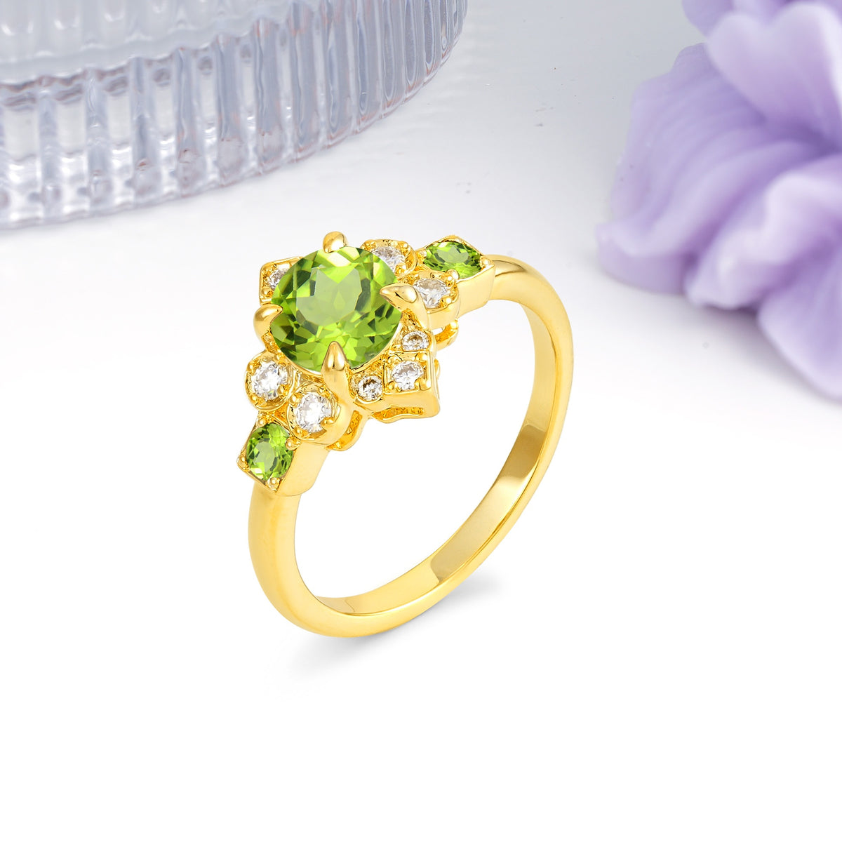 Unique Vintage-Luxury 4-Prong Round Cut Peridot Engagement Ring - Additional view