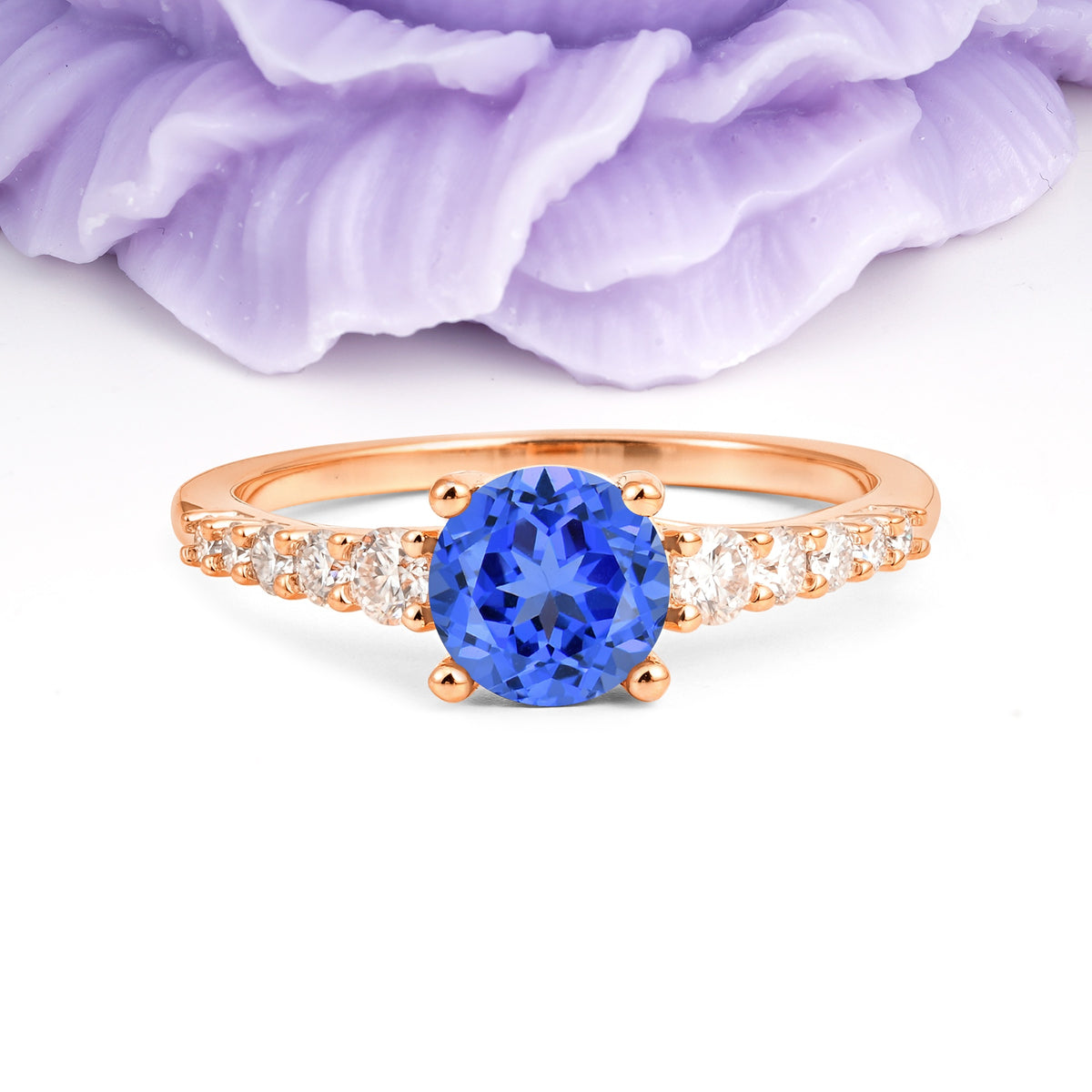 Classic Pavé-Set Ring: Simple 4-Prong Round Cut Sapphire Engagement Ring - Additional view